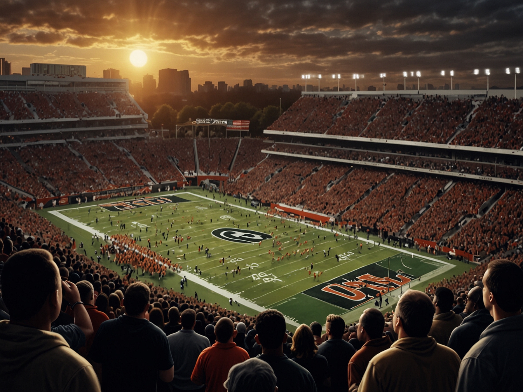 The Georgia Bulldogs offense on the field, looking dejected and confused while strategizing during the halftime break, contrasted with cheering Georgia Tech fans celebrating their team's strong lead.