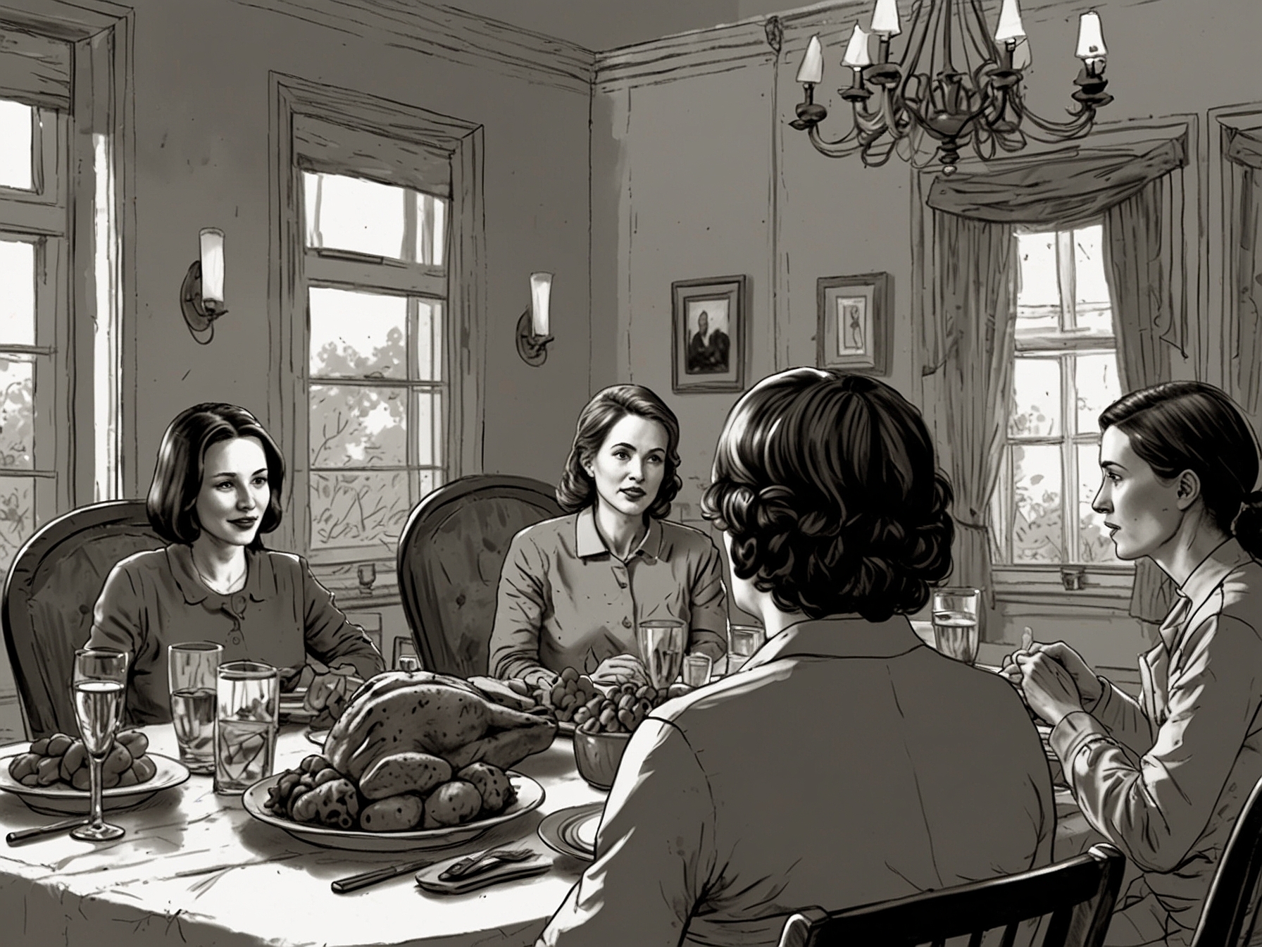 A tense Thanksgiving dinner scene featuring a table set for a family gathering, with guests divided in conversation, illustrating political tensions during the holiday.