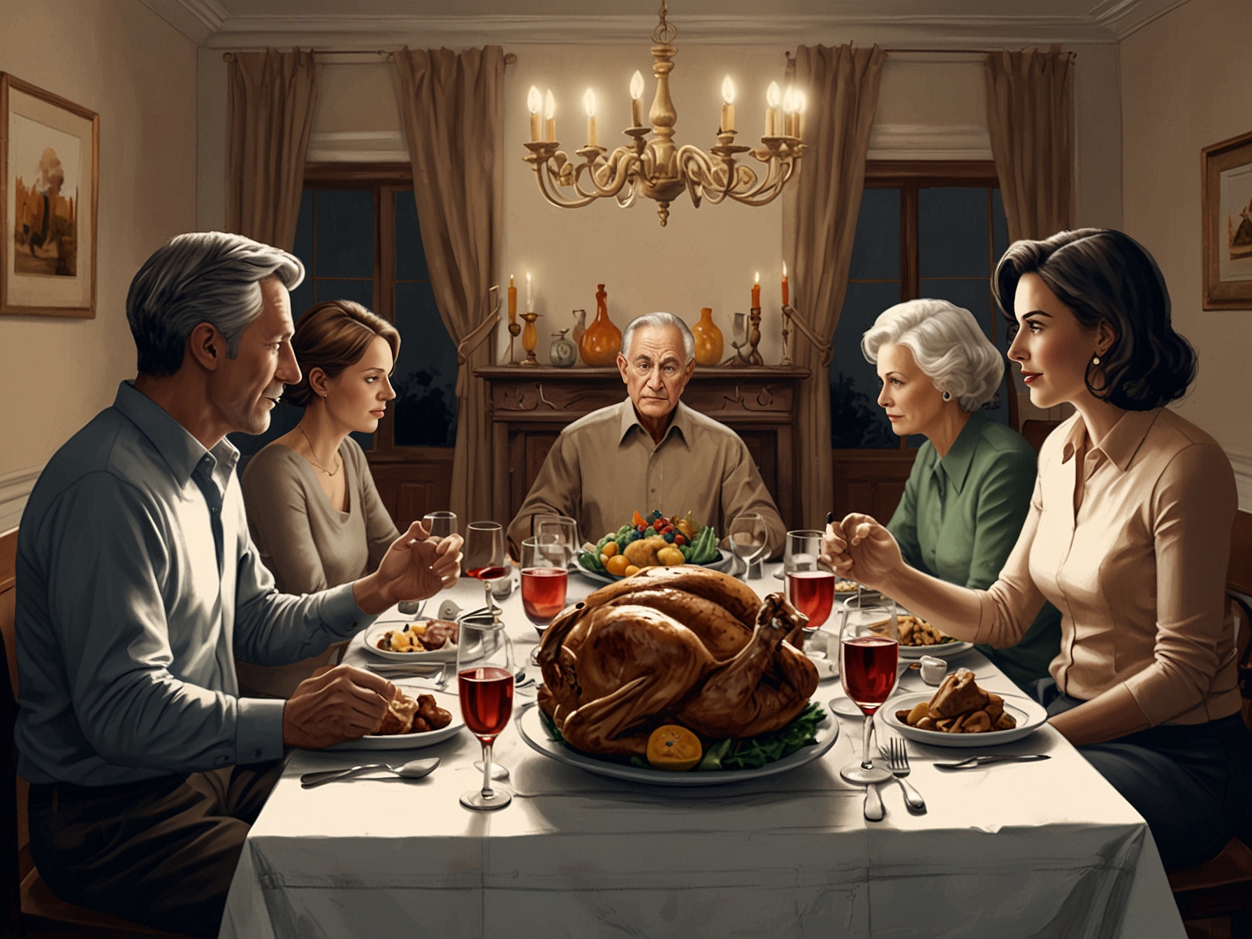 A close-up of a Thanksgiving turkey with a family in the background, suggesting political discussions among relatives, highlighting the divide Reid discusses.