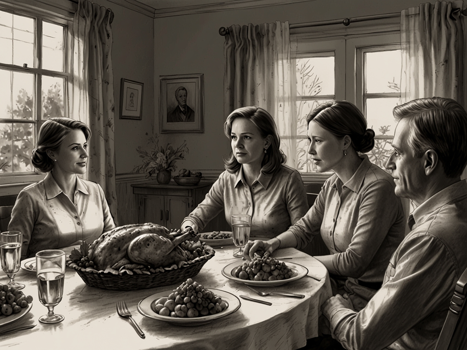 An illustration of a woman pointing at a Thanksgiving table, symbolizing Joy Reid's challenge to Republicans about their values amidst family politics.