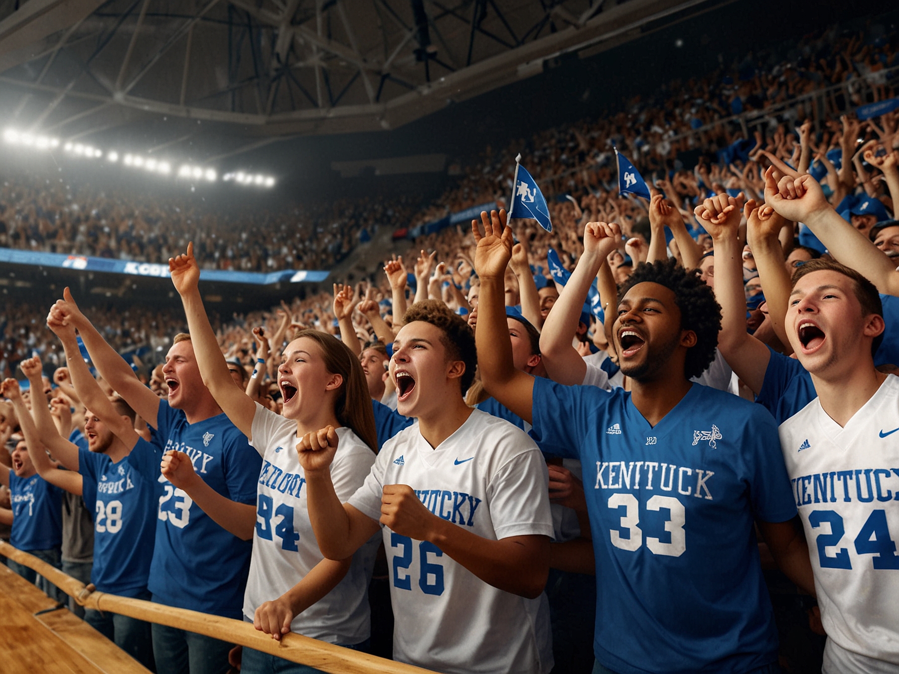 A packed basketball arena with Kentucky Wildcats fans cheering passionately as their team celebrates a dominating victory over Georgia State, displaying team spirit and excitement.
