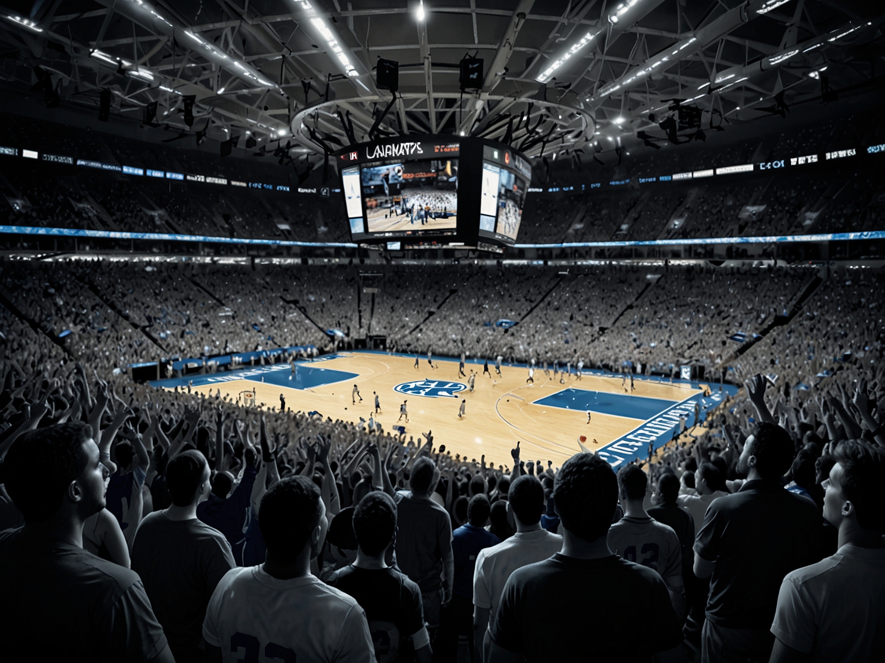 The final scoreboard showing Kentucky 105, Georgia State 76, with players shaking hands and fans erupting in joy, capturing the essence of a significant college basketball victory.