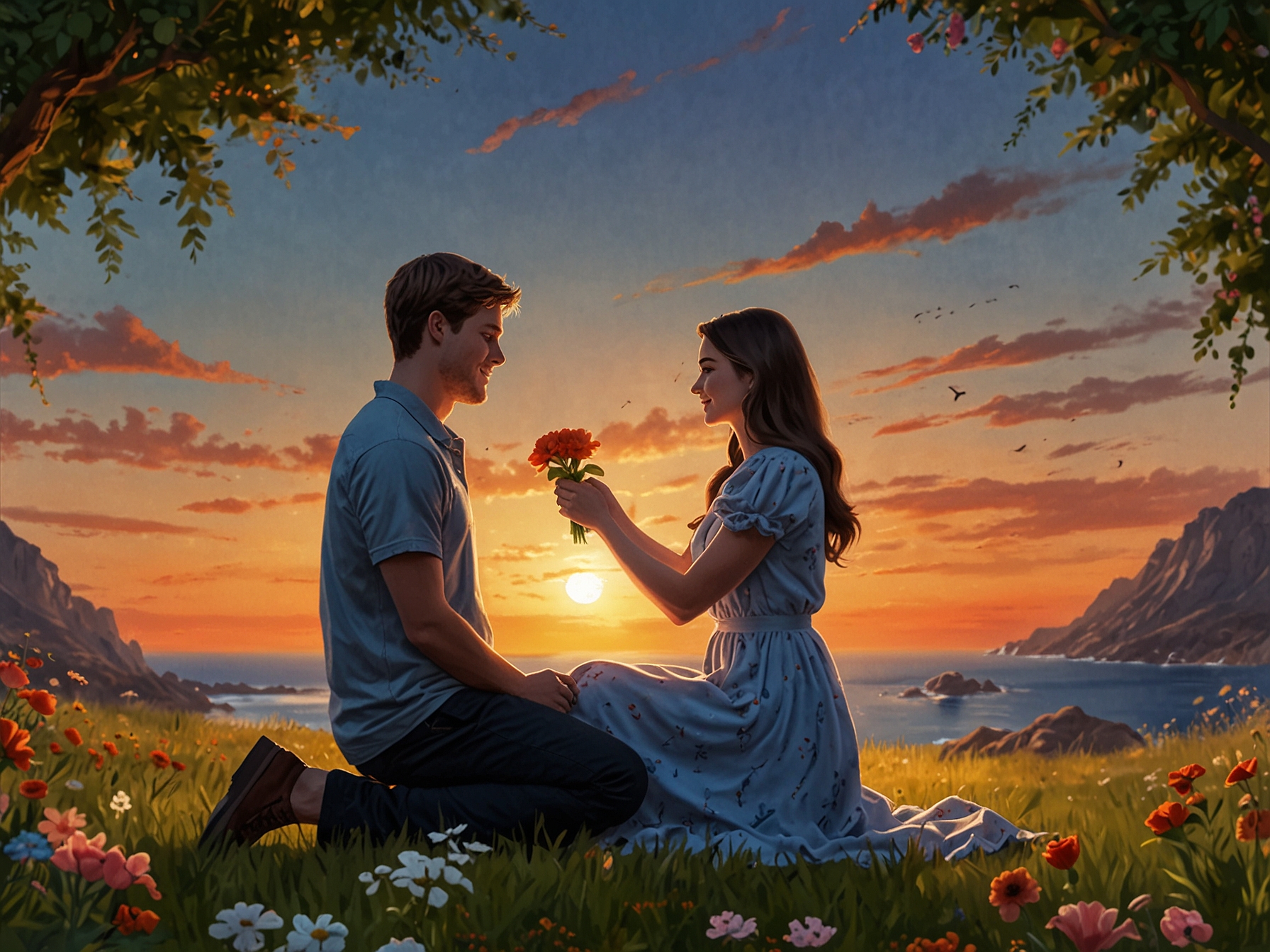 A stunning sunset view with Josh Allen on one knee proposing to Hailee Steinfeld, surrounded by flowers, capturing the magic of their engagement moment.