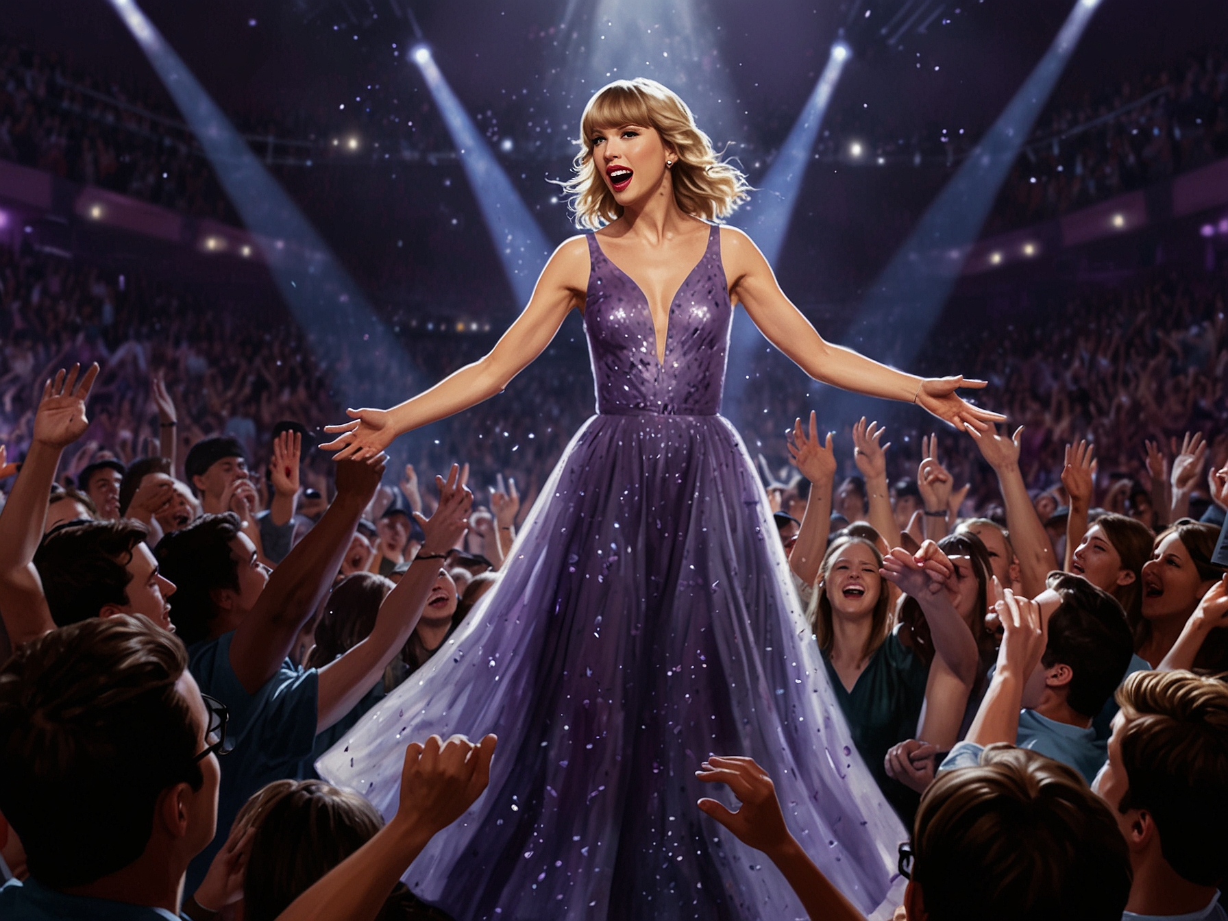 Taylor Swift on stage during her Eras Tour, surrounded by fans holding up their phones, capturing the electrifying moment of her performance. Bright lights and an enthusiastic crowd create an unforgettable atmosphere.