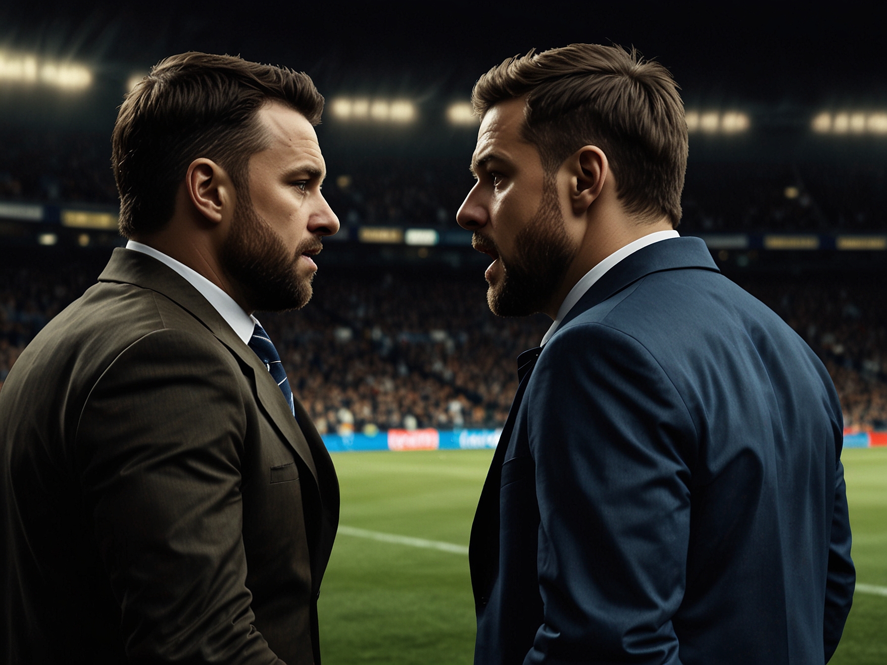 A tense moment captures the two managers, Russell Martin and Fabian Hurzeler, confronting each other on the sidelines after the controversial draw. The atmosphere is filled with passion and frustration.