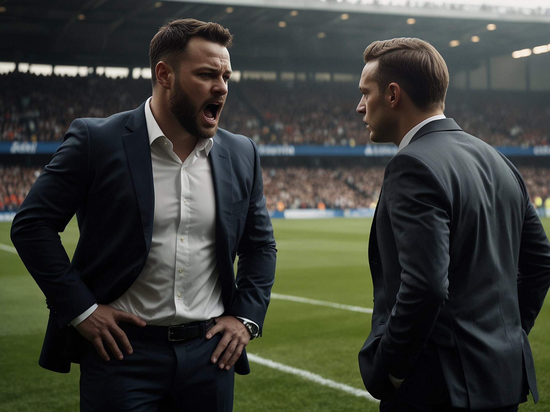 Fans in the stadium display mixed emotions as Southampton players protest the VAR decision, holding their heads in disbelief while the opposing team celebrates a goal.