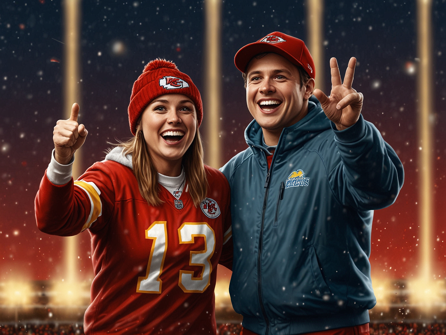 A festive scene showing a Kansas City Chiefs superfan cheering with festive lights in the background, capturing the essence of holiday romance and football enthusiasm.