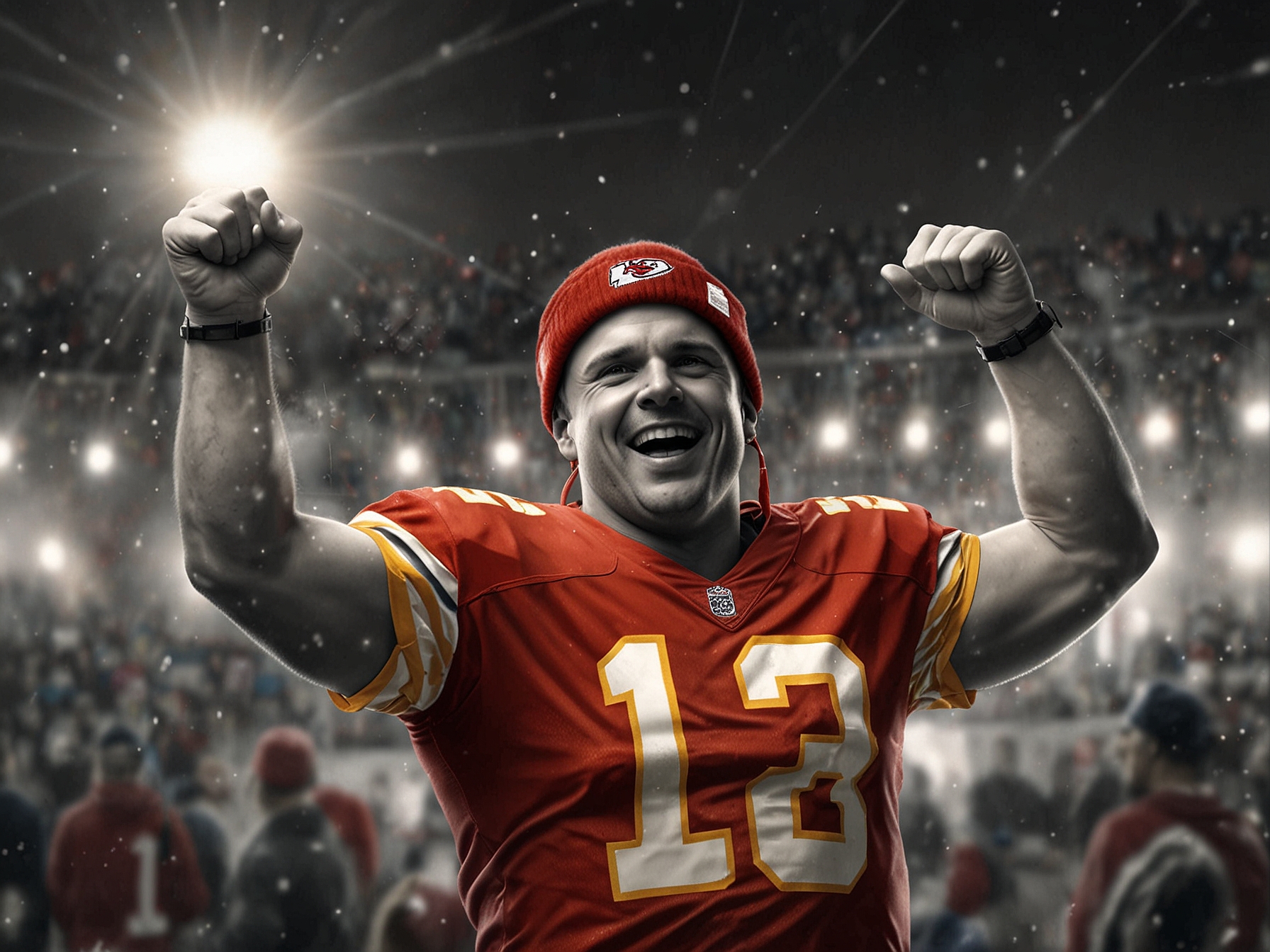 A dynamic shot of football fans in Kansas City celebrating during a game, illustrating the passionate atmosphere of the Chiefs Kingdom during the holiday season.
