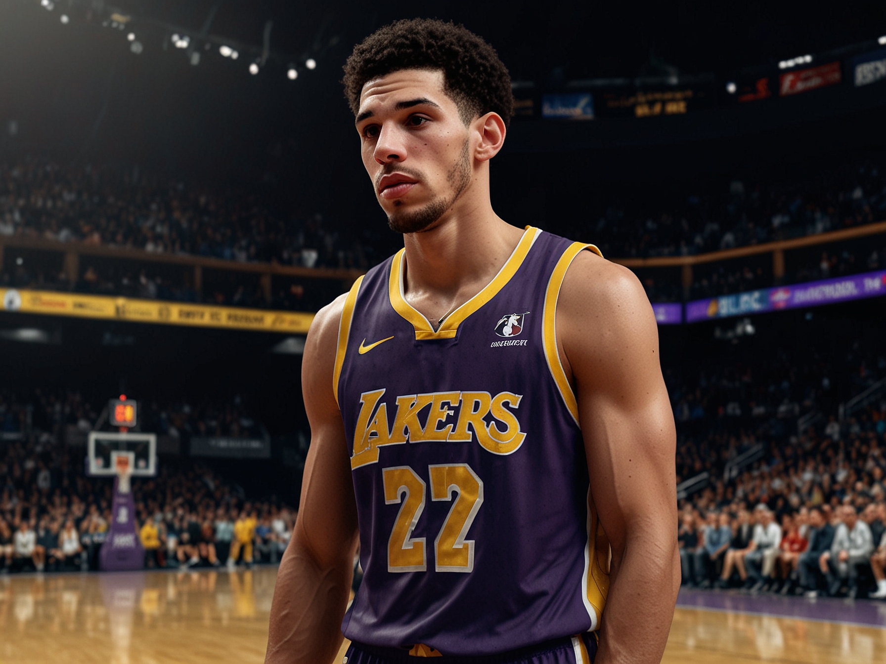 An image of Lonzo Ball speaking on a podcast, with a backdrop of a basketball court, reflecting his controversial comments about Kobe Bryant and the NBA.