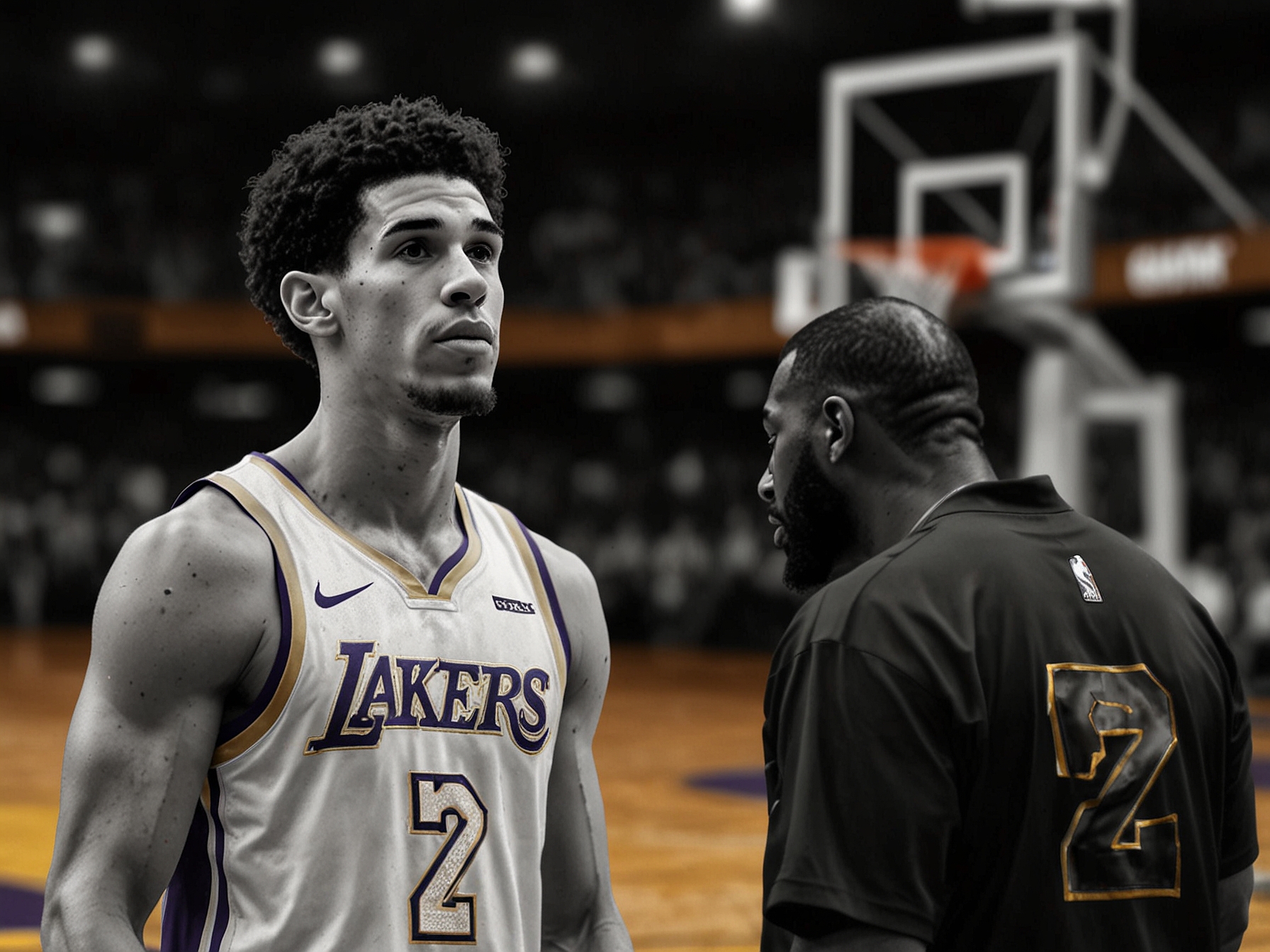 A split-screen image showing Kobe Bryant in action on the court alongside Lonzo Ball, symbolizing the debate between different eras of basketball greatness.