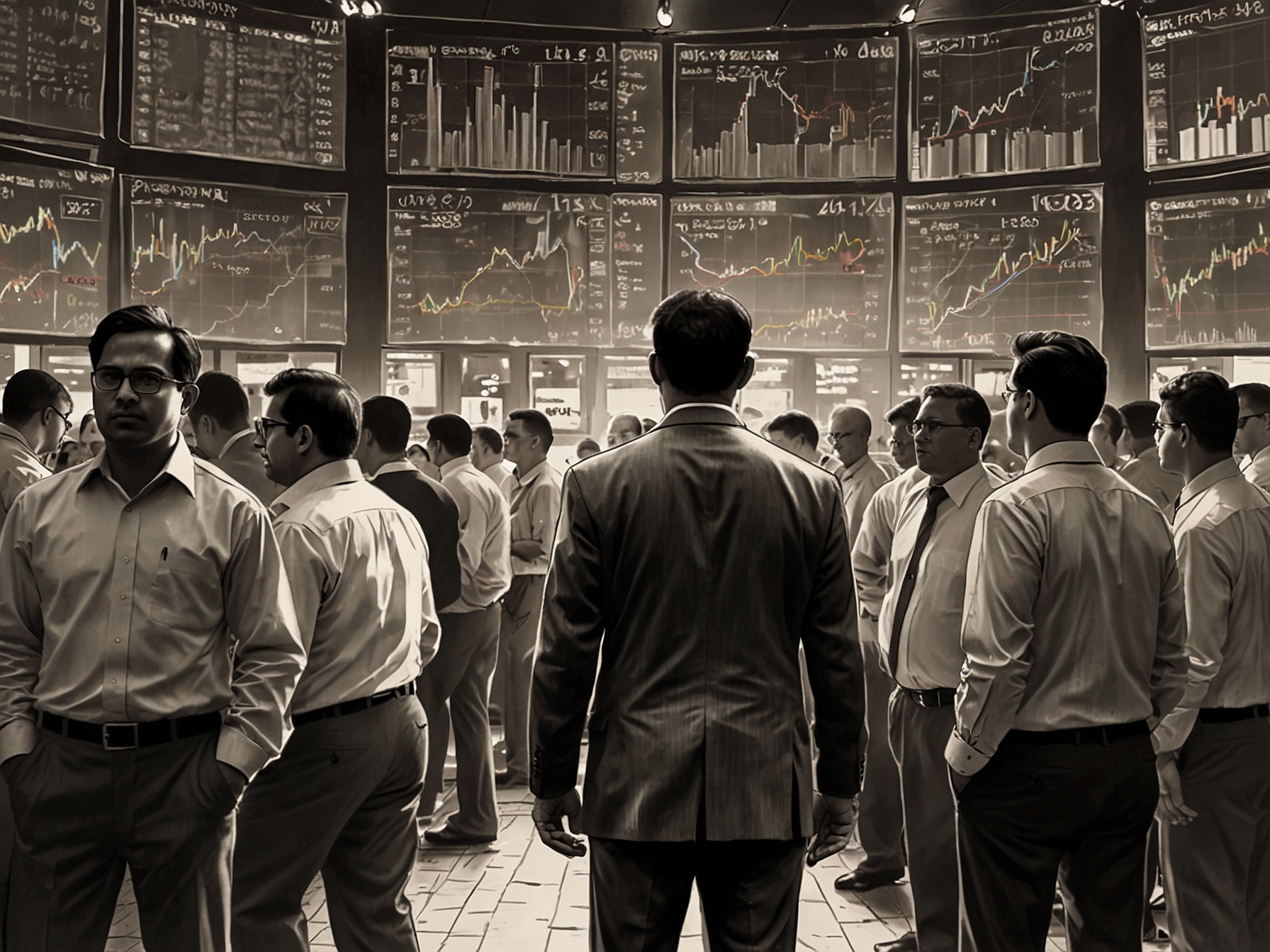 An intense scene depicting Lucky Baskhar standing amidst a chaotic stock exchange, surrounded by traders and flashing stock prices, reflecting his tumultuous journey.