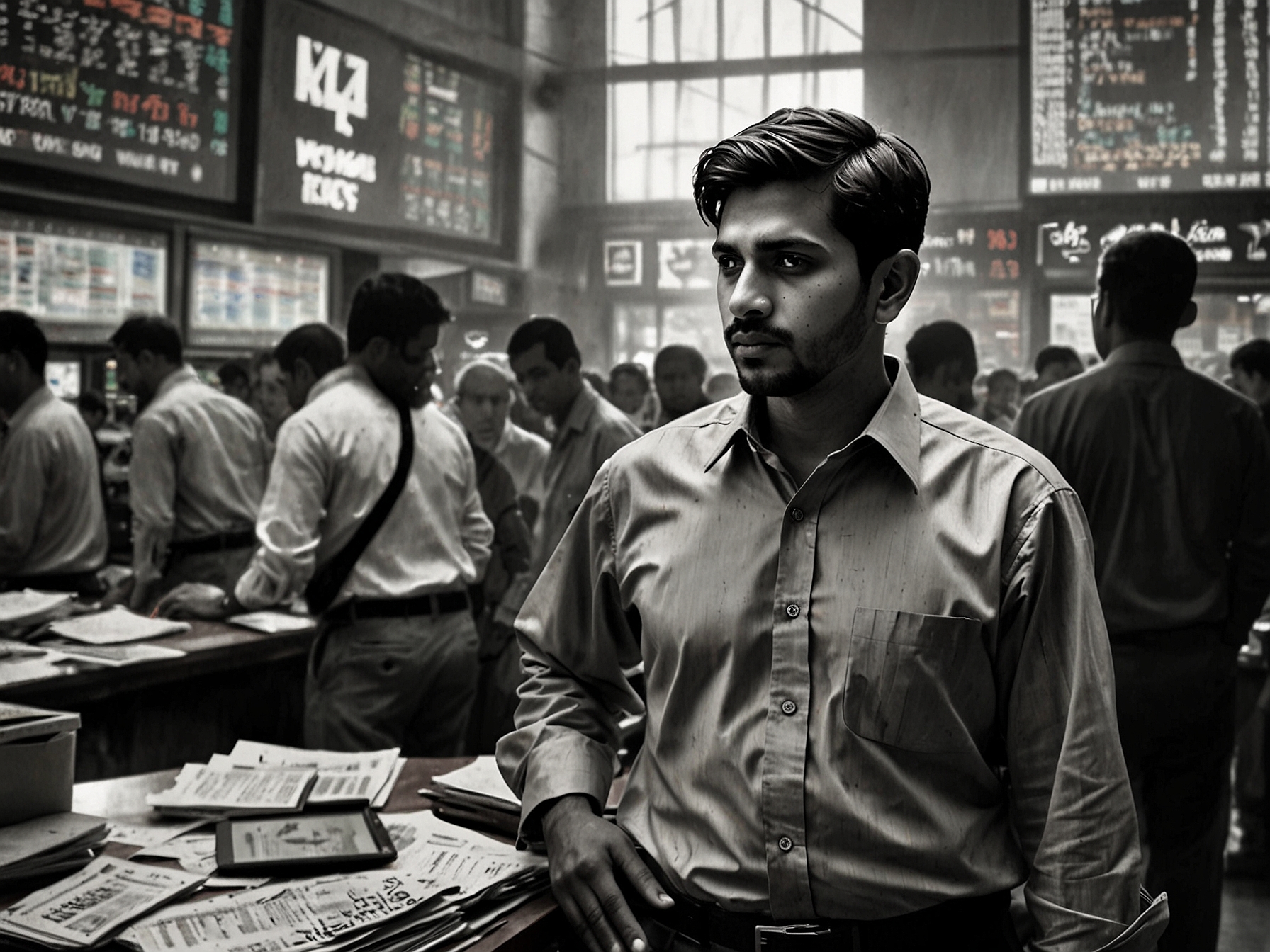 A poignant moment between Baskhar and his father, both in deep conversation, illustrating the complex dynamics of familial bonds amid the backdrop of ambition and regret.