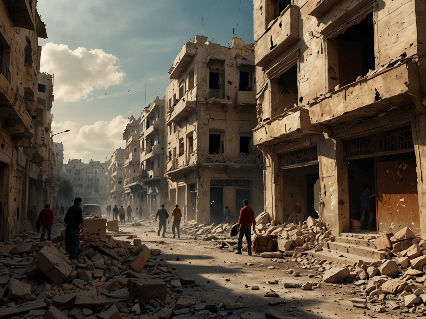 A scene showing the streets of Aleppo, with damaged buildings and people looking for safety amidst ongoing conflict. This captures the desperation and resilience of citizens during the recent clashes.
