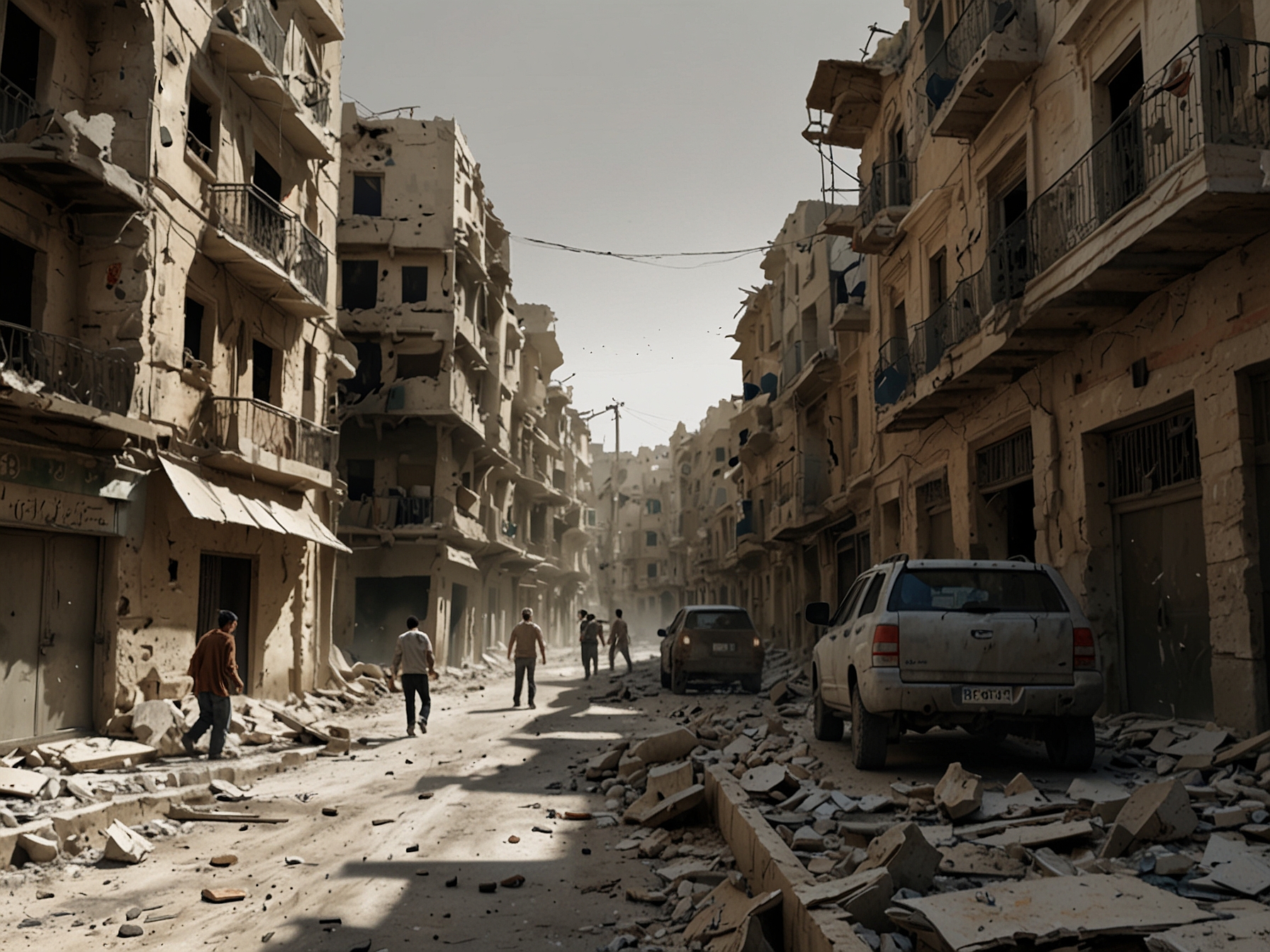 Rebels advancing through a neighborhood in Aleppo, highlighting the intensity of the fighting and the shifting power dynamics of the region. Smoke can be seen rising from nearby areas.