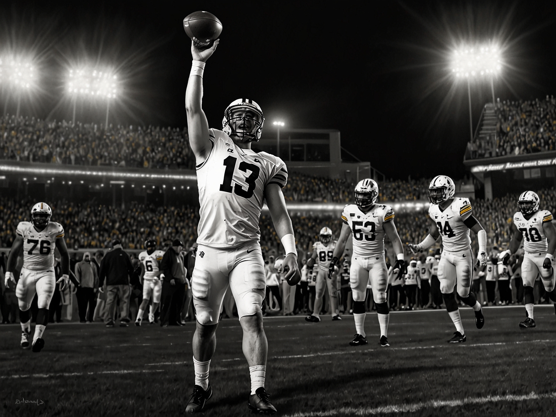 Drew Stevens successfully kicking the game-winning 53-yard field goal against Nebraska, surrounded by elated Iowa fans celebrating in the stands under stadium lights.