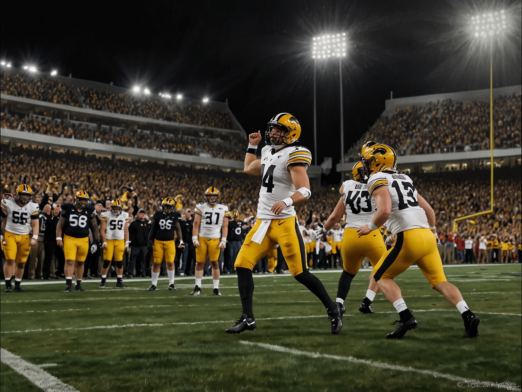 Iowa players celebrating on the field after Drew Stevens' game-winning kick, capturing the excitement and relief of the victory amidst a backdrop of intense competition.