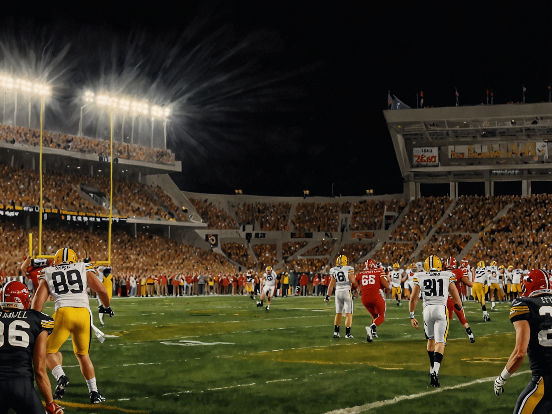 Nebraska quarterback Dylan Raiola looking frustrated after a turnover as Iowa defenders celebrate nearby, highlighting the pivotal moments and emotions during the thrilling match.