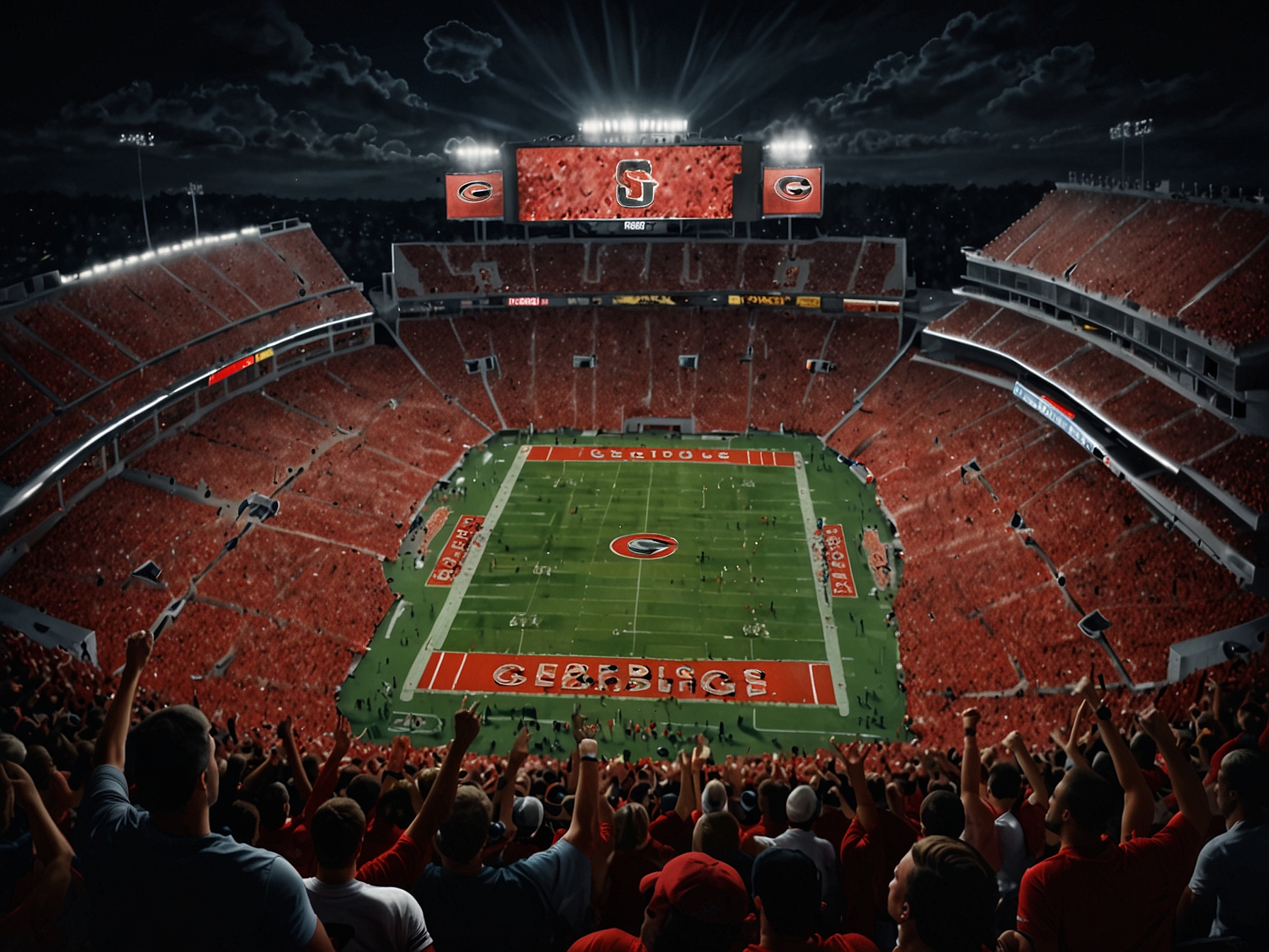 An aerial shot of Sanford Stadium filled with ecstatic Georgia Bulldogs fans celebrating their team's 8-overtime victory over Georgia Tech, showcasing a sea of black and red jerseys and a vibrant atmosphere.