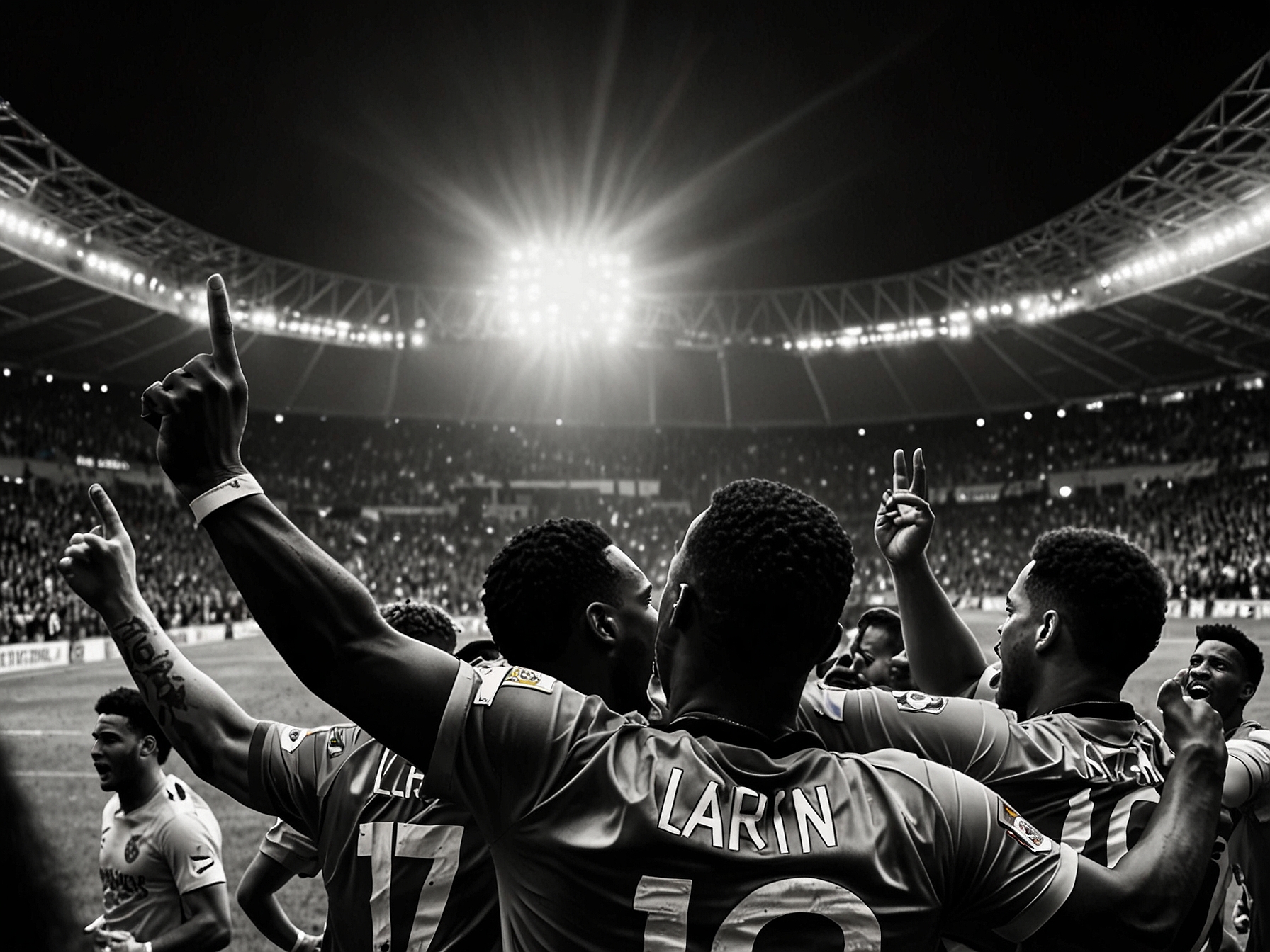 An electrifying moment from the match, showing Cyle Larin celebrating his equalizing goal with teammates in front of a roaring crowd at the Mallorca stadium.