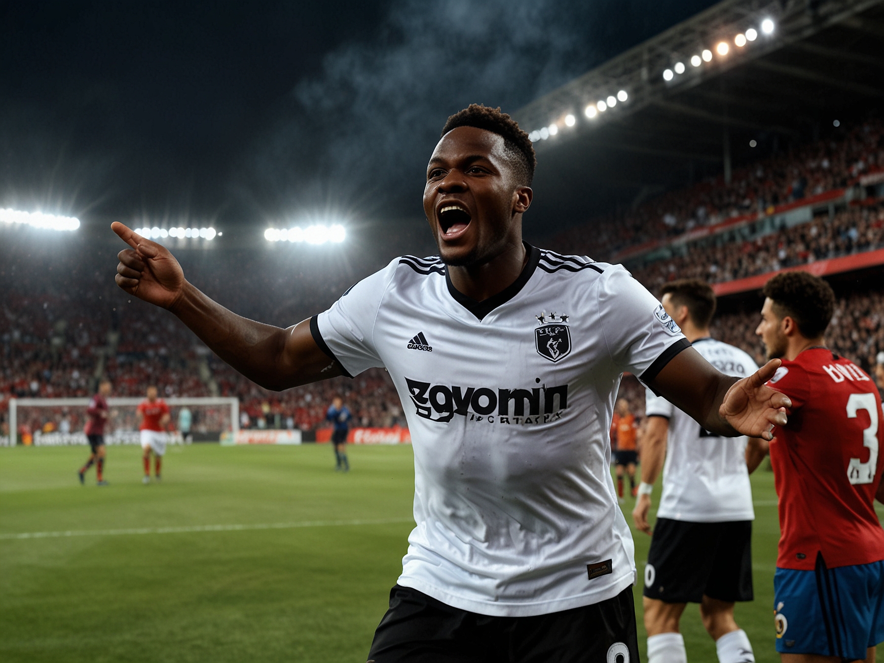 Abdon Prats triumphantly scoring the header that secured Mallorca's 2-1 victory, with fans in the background celebrating wildly as the tension in the match reaches its peak.