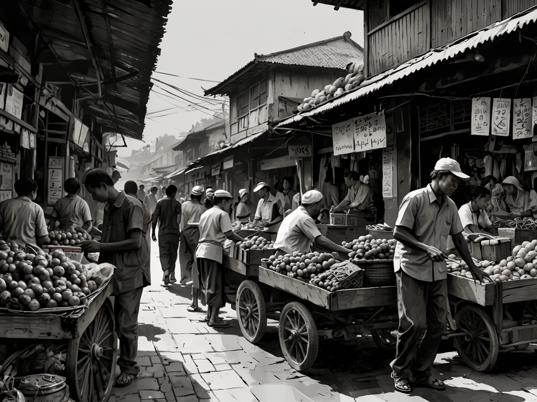 A bustling marketplace in Indonesia with families shopping and vendors selling goods, symbolizing the economic impact of the minimum wage increase on everyday life.