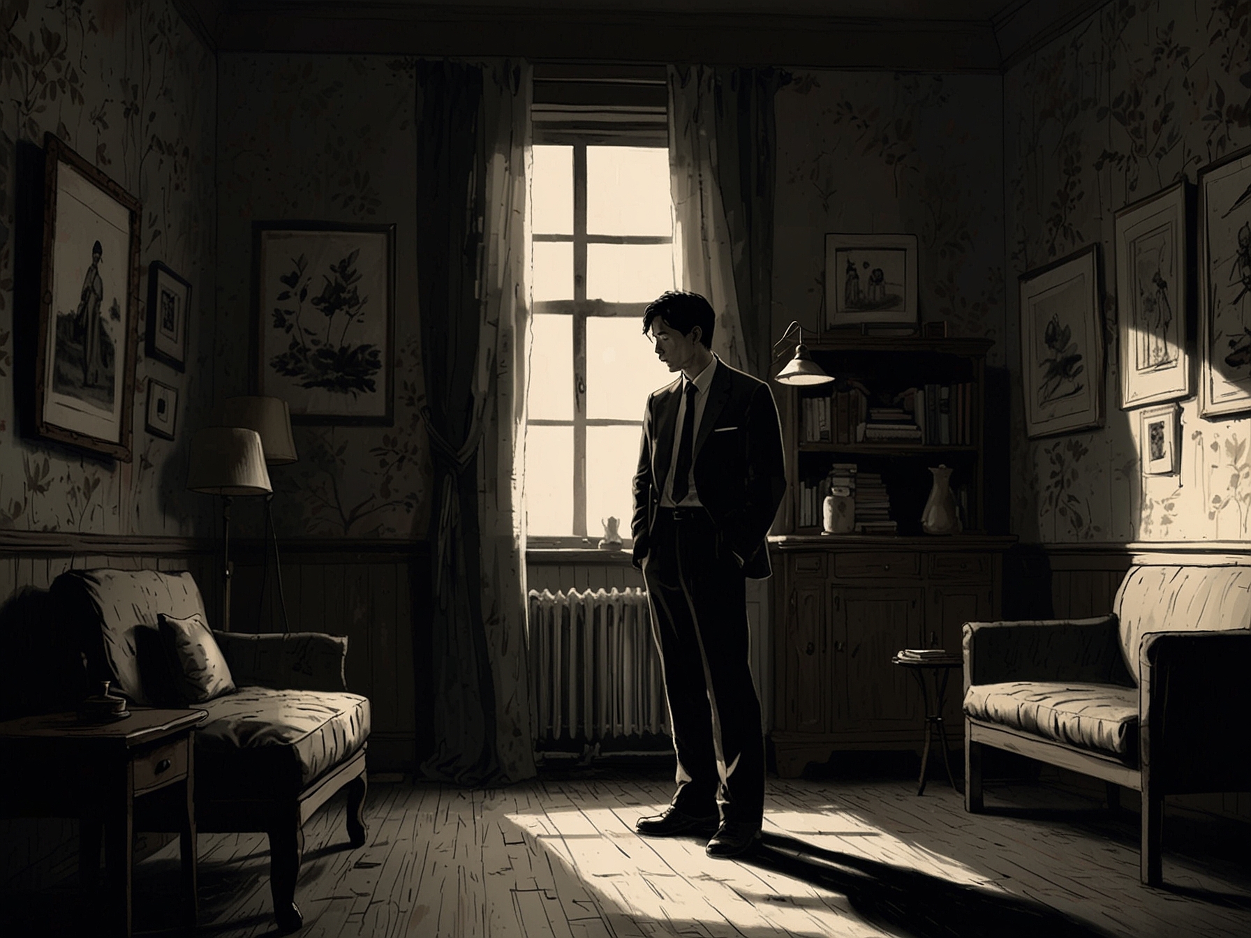 A dramatic scene from 'The Trunk' showing Gong Yoo's character in a dimly lit, vintage room, surrounded by shadows that symbolize emotional struggles and memories.