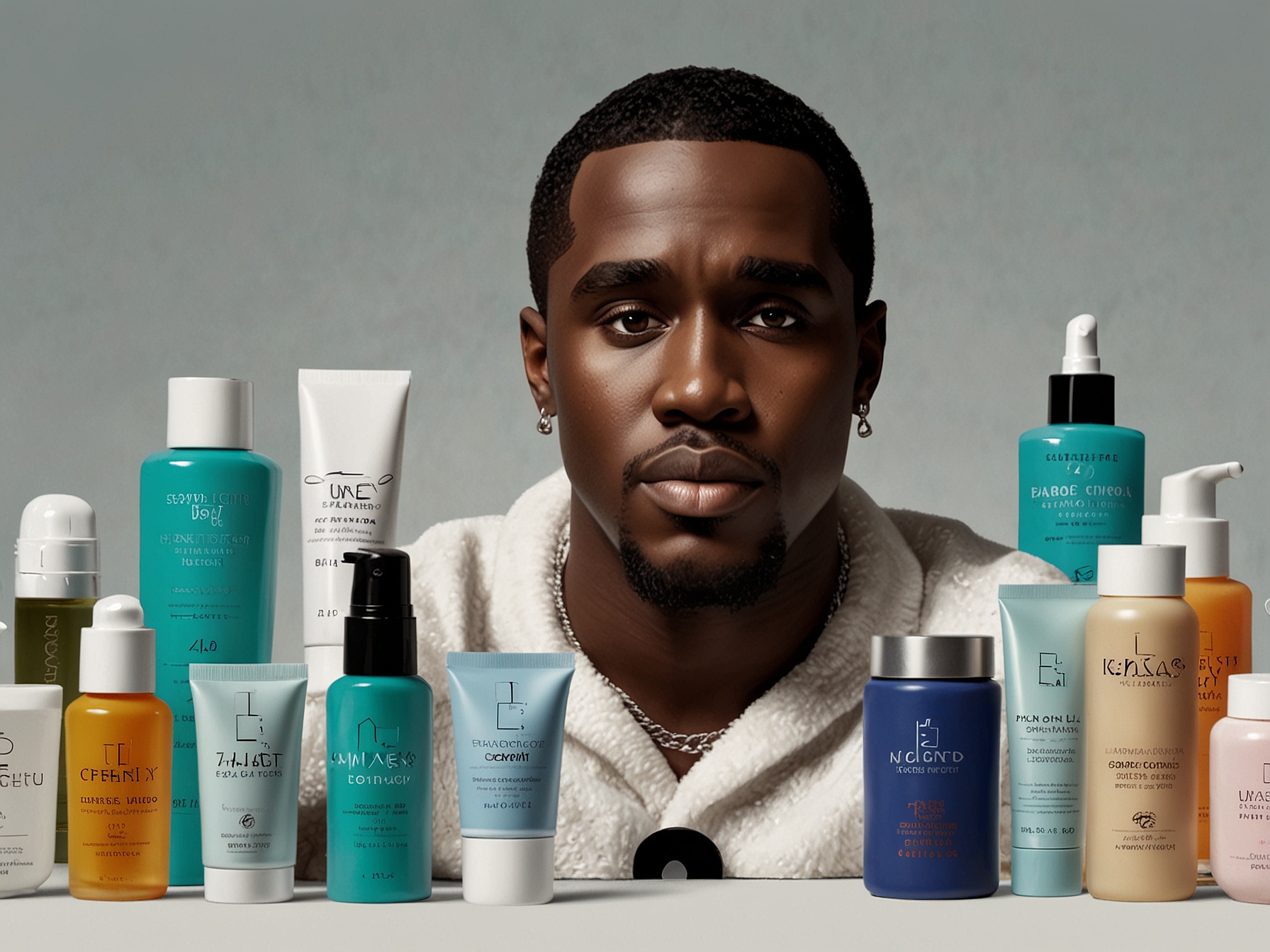An illustration of Diddy confidently showcasing his skincare routine, surrounded by beauty products like Proactiv, with a playful expression that hints at his controversial claims.