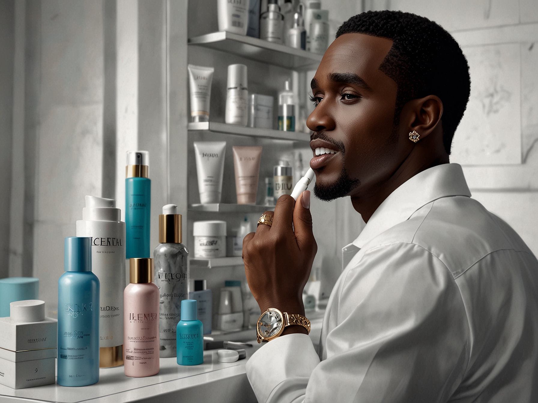 A humorous depiction of a celebrity skincare battle, featuring Diddy, Lohan, and Simpson, with exaggerated expressions representing their competing claims over skincare influence.
