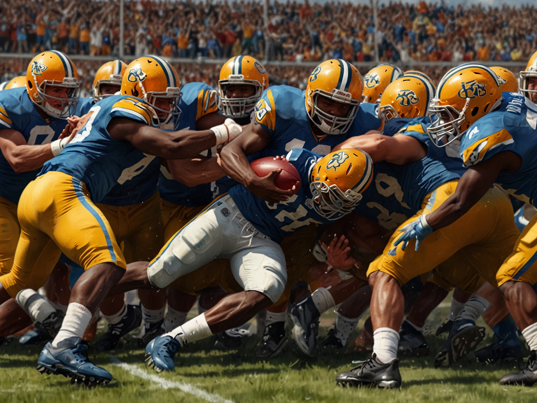 An intense football scene captures Dan Jackson tackling Haynes King during a pivotal moment in the game, with both players on the ground amidst a roaring crowd.