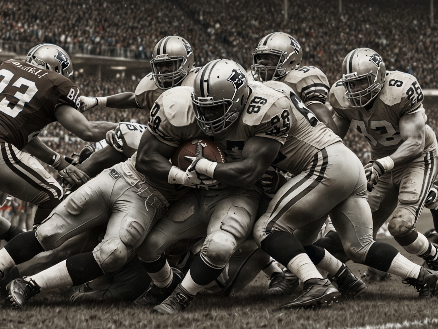 The referee looks on as Dan Jackson makes a crucial hit on Haynes King, with Georgia fans in the stands showing mixed reactions to the controversial play.