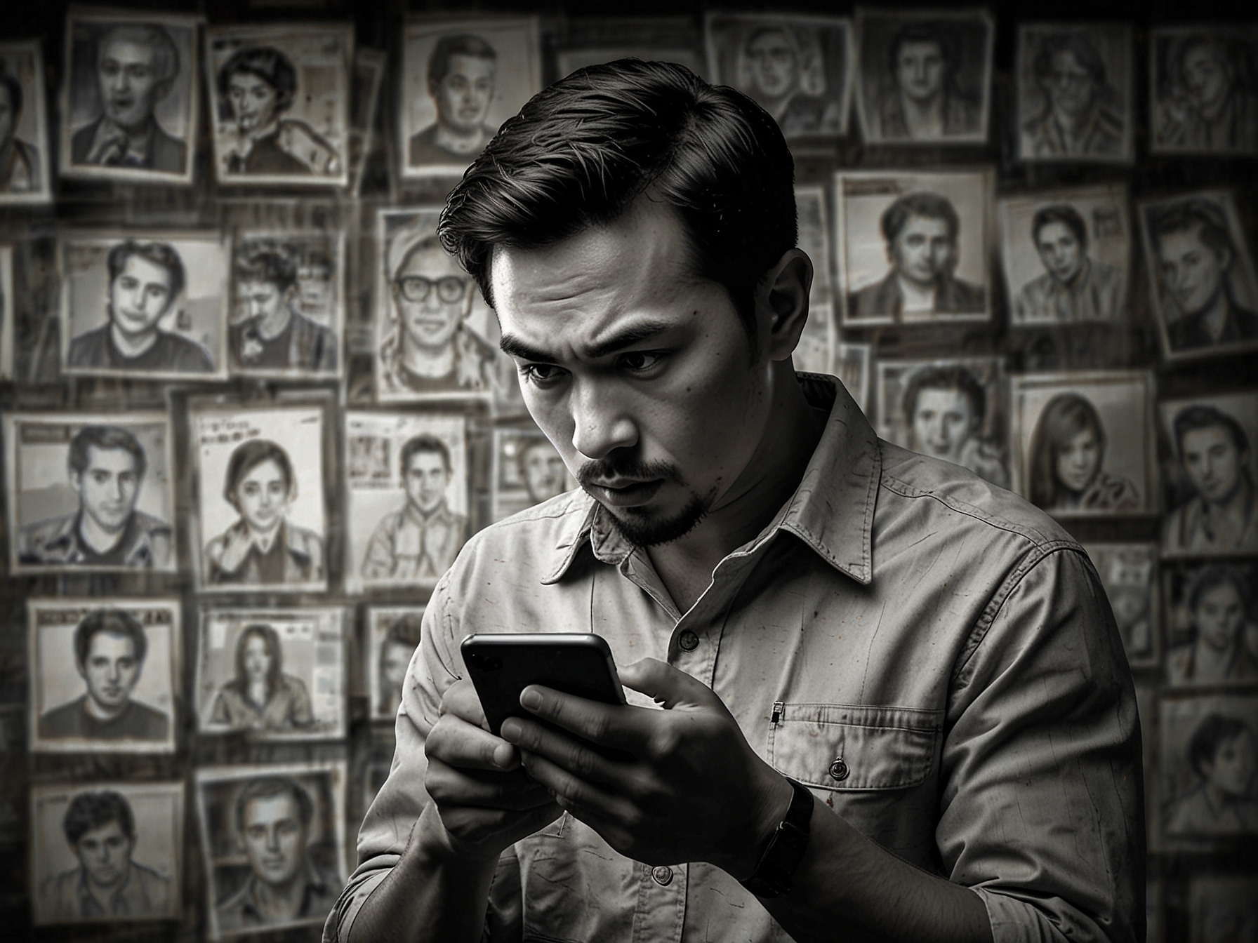 An image of Denny Sumargo looking concerned while reviewing his phone, showing social media reactions to a challenge. The background features a blurred collage of social media posts related to the incident, capturing the chaotic atmosphere.