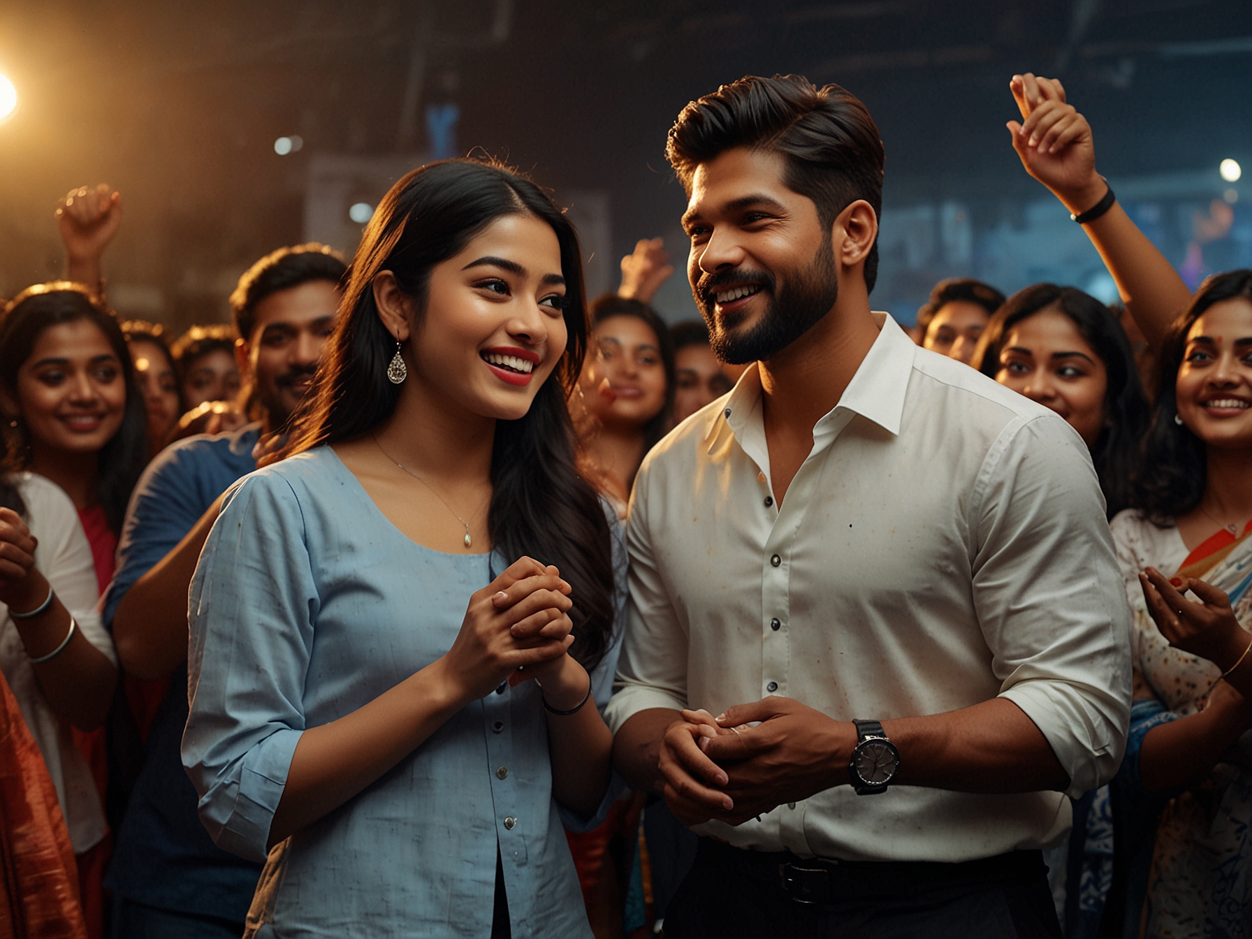 A vibrant event scene featuring Rashmika Mandanna and Allu Arjun interacting warmly at the Mumbai launch of 'Pushpa 2', with fans and media capturing the moment.