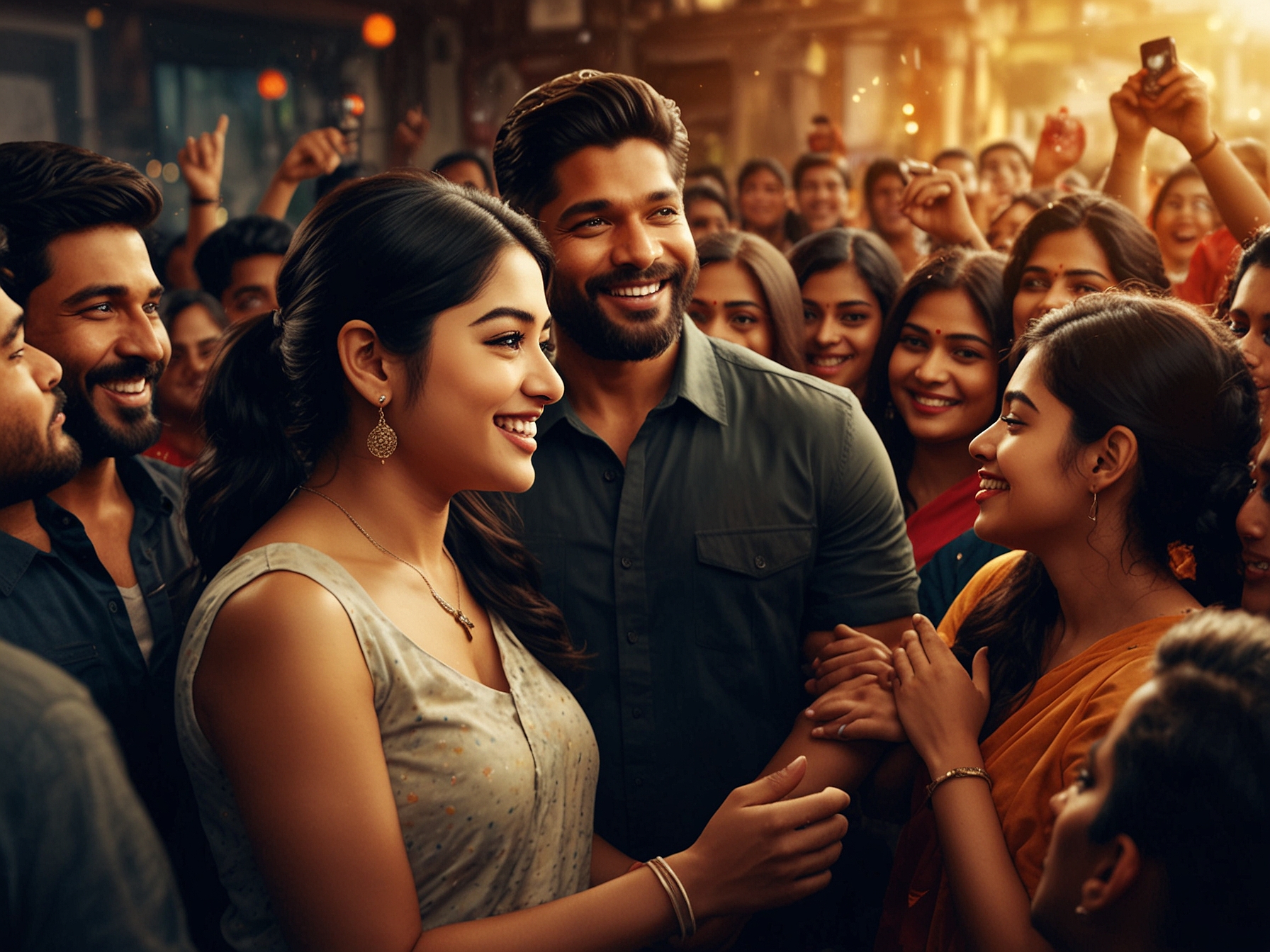 Close-up shot of Rashmika Mandanna looking emotional as she recounts her first meeting with Allu Arjun, showcasing the bond they have developed over the years.