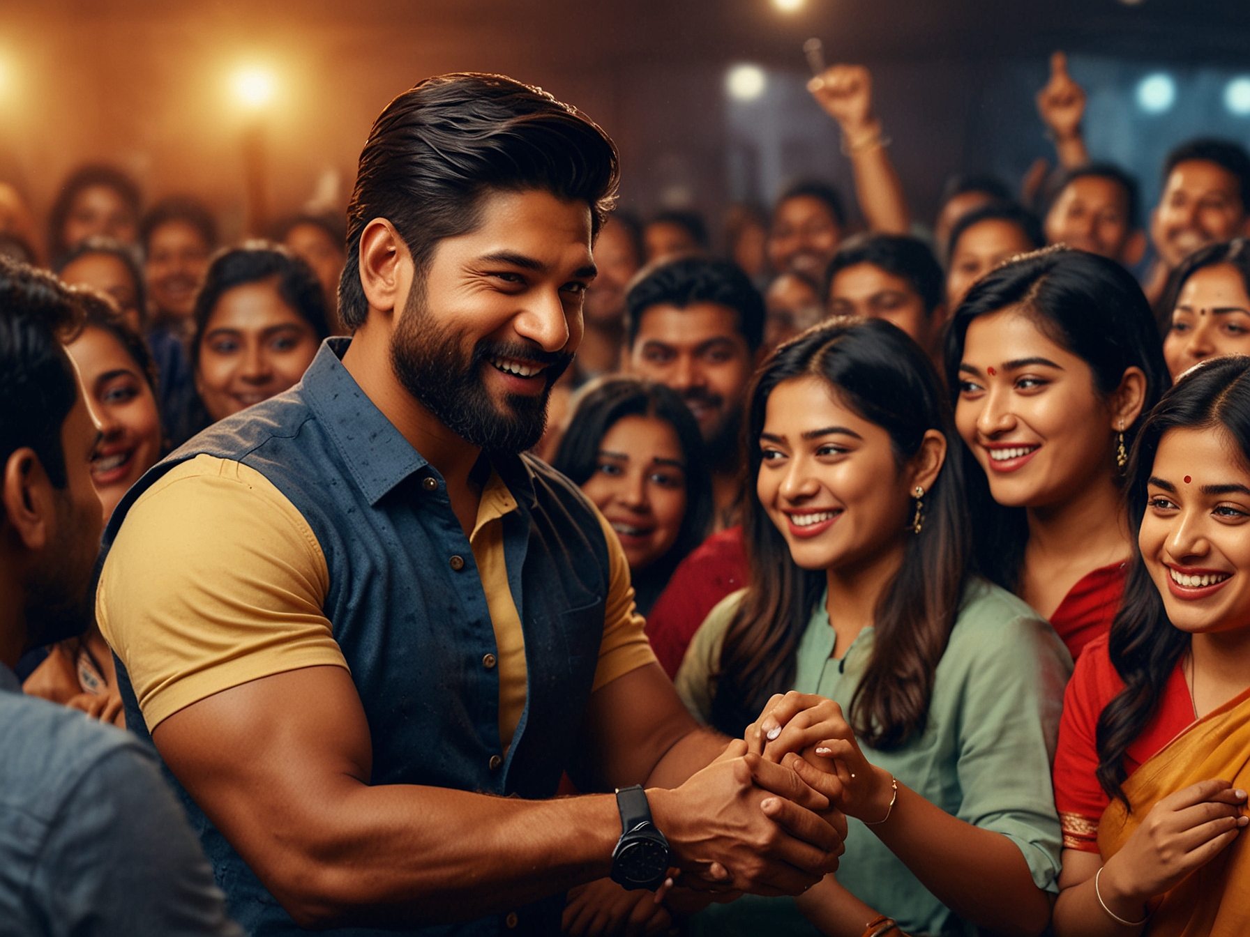 A dynamic promotional poster for 'Pushpa 2: The Rule', featuring Allu Arjun and Rashmika Mandanna in action-packed poses, highlighting the film's thrilling essence.