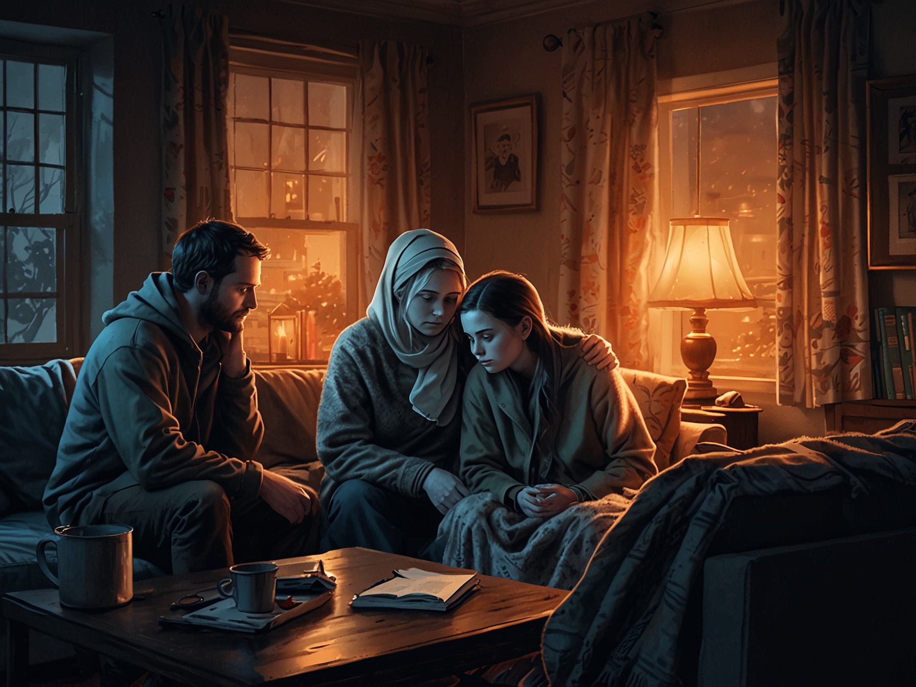 A family huddled in a living room, wrapped in blankets and looking concerned as they face rising gas costs and a colder winter ahead.