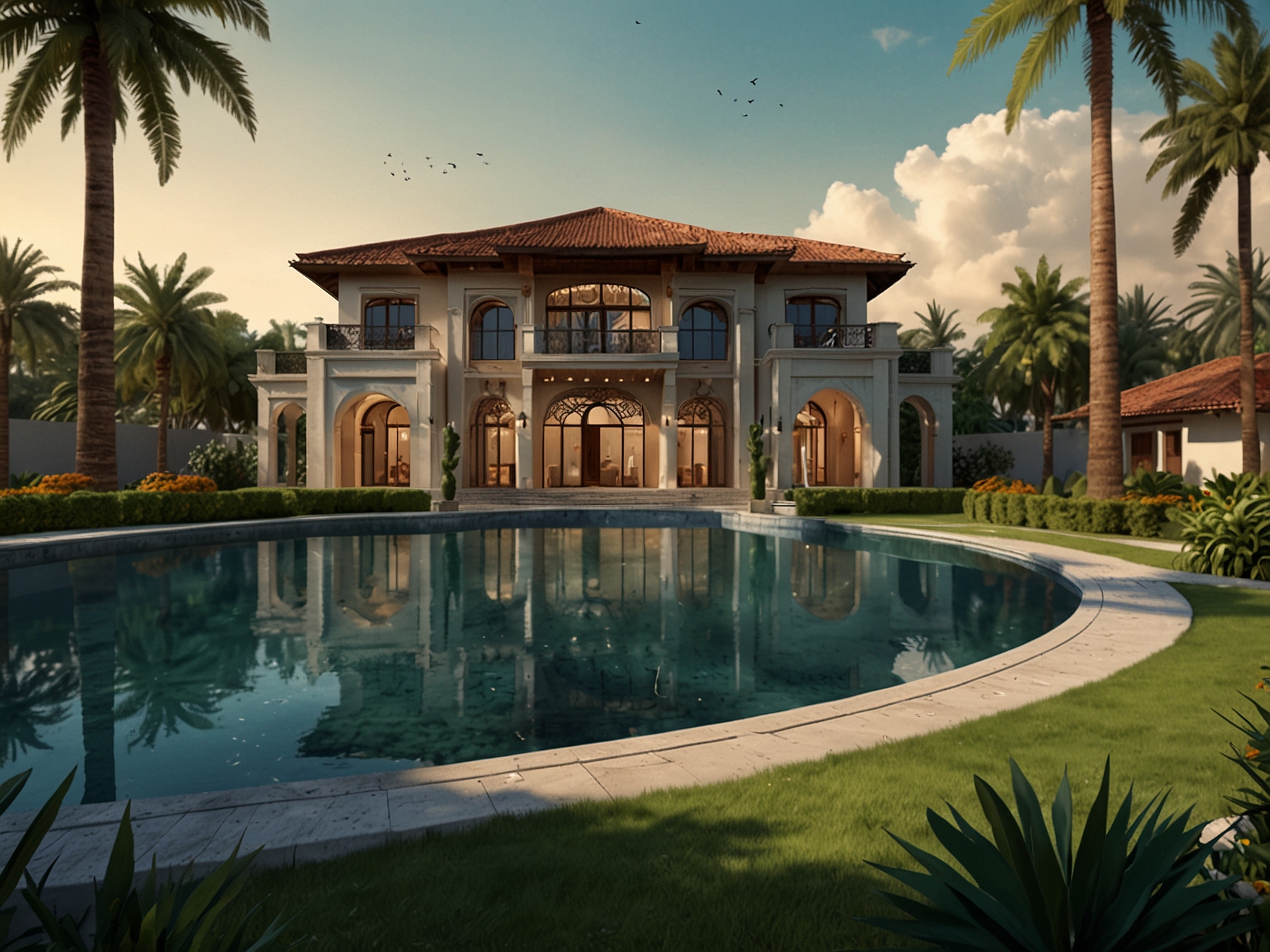 A grand view of Haji Isam's mansion showcasing its blend of traditional and modern architecture, surrounded by lush gardens and an inviting swimming pool.