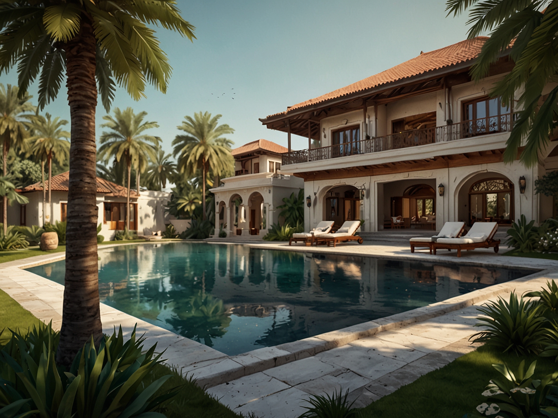 The outdoor area of Haji Isam's estate, highlighting a luxurious swimming pool area with lights and greenery, resembling a serene oasis.