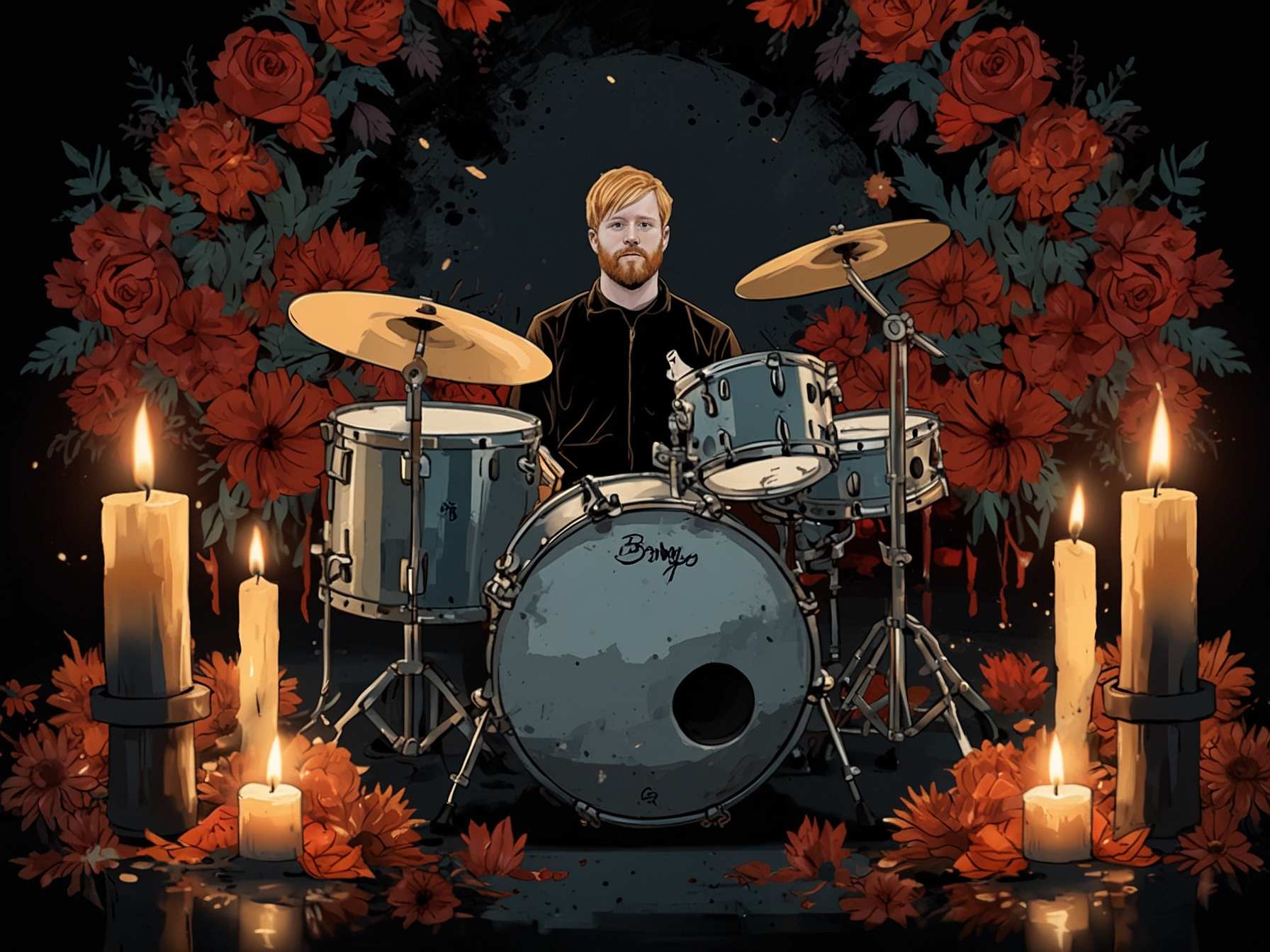 A memorial image of Bob Bryar, featuring a drum set in the background, surrounded by candles and flowers, symbolizing the tribute from fans and the music community.