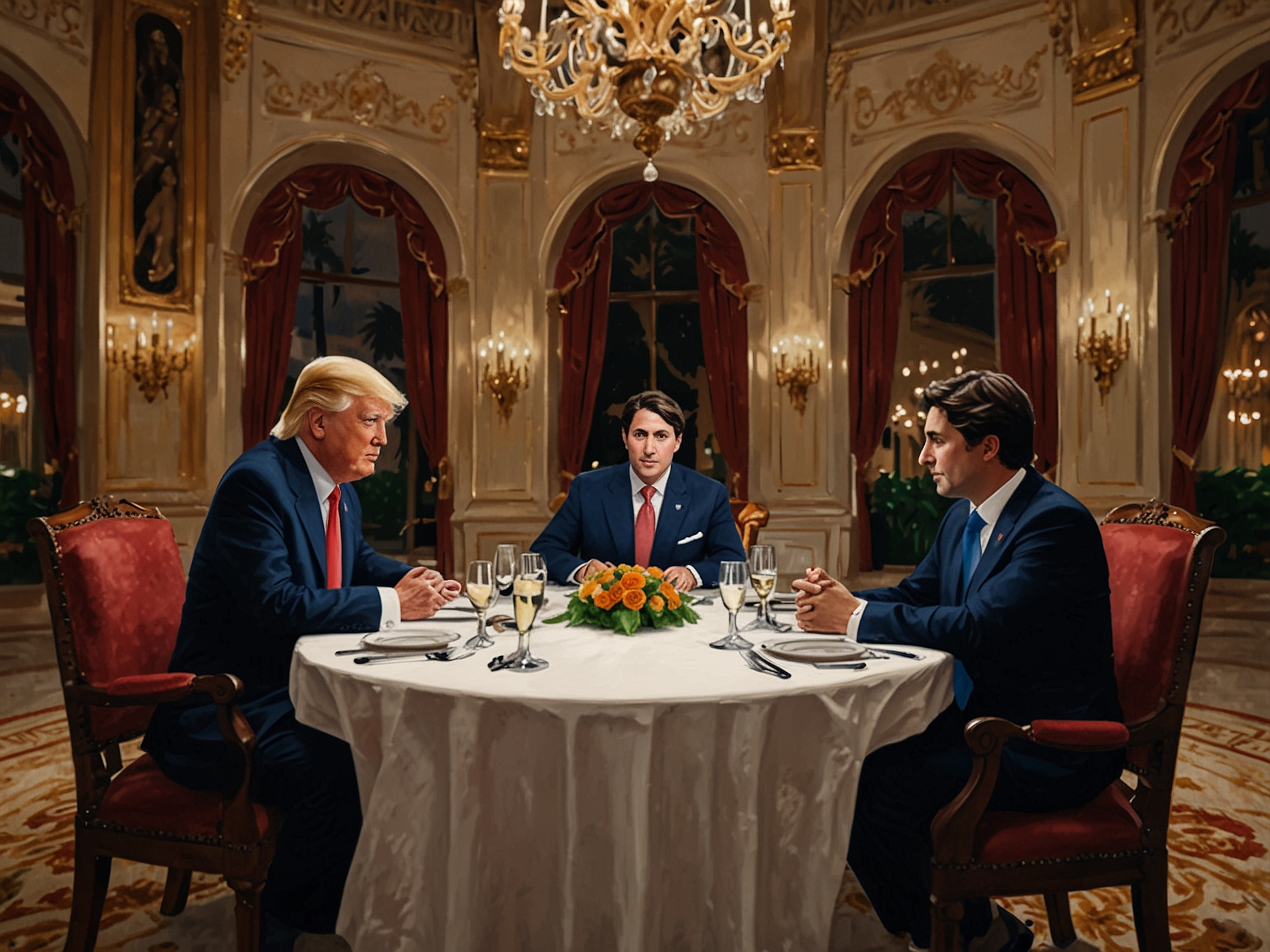 Justin Trudeau and Donald Trump seated at a dinner table in Mar-a-Lago, engaged in serious discussion with a backdrop of opulent decor symbolizing high-stakes diplomacy.