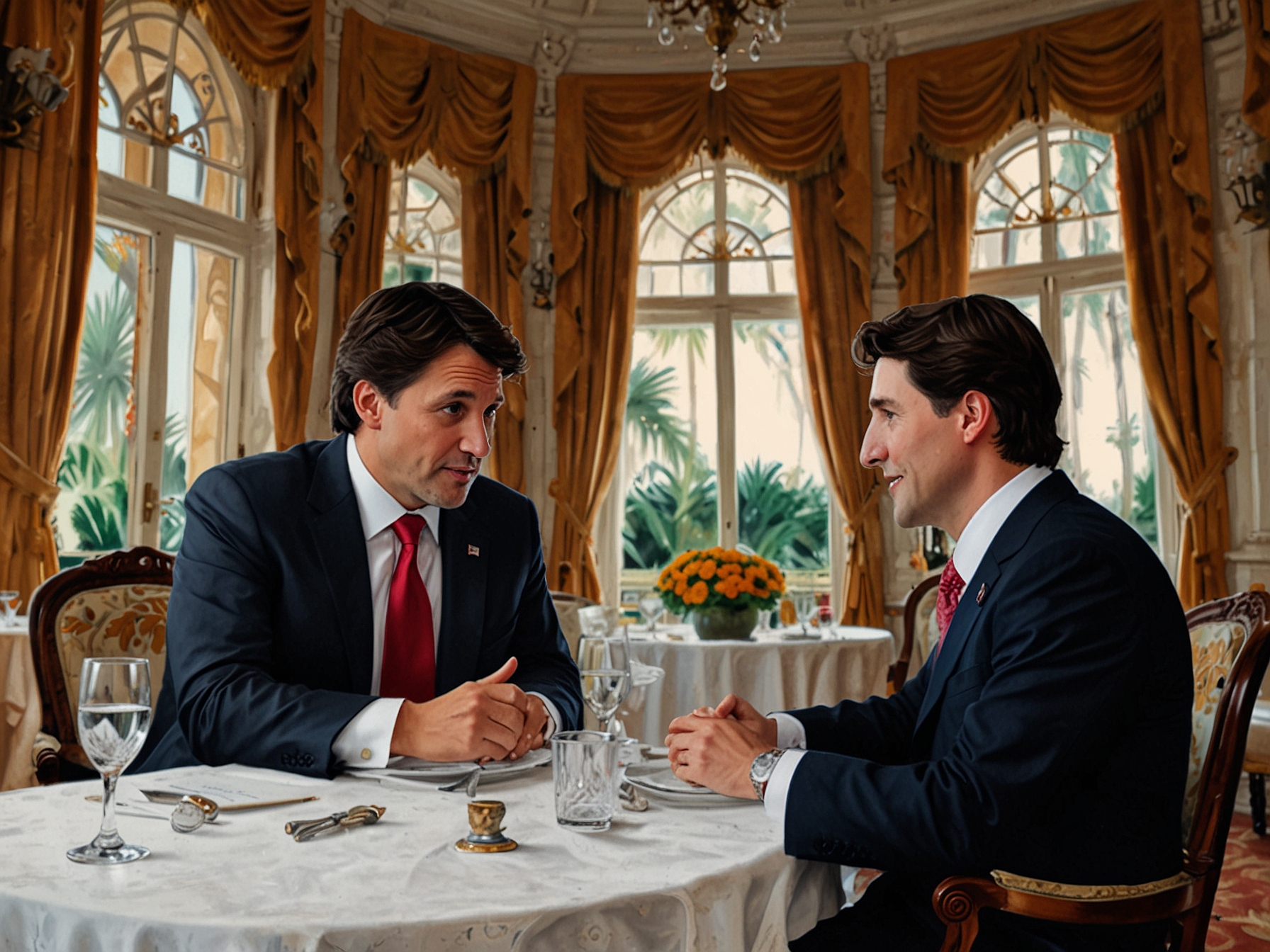 A close-up of Trudeau and Trump shaking hands in a formal setting, highlighting the significance of their meeting and the potential impact of their discussions on trade relations.