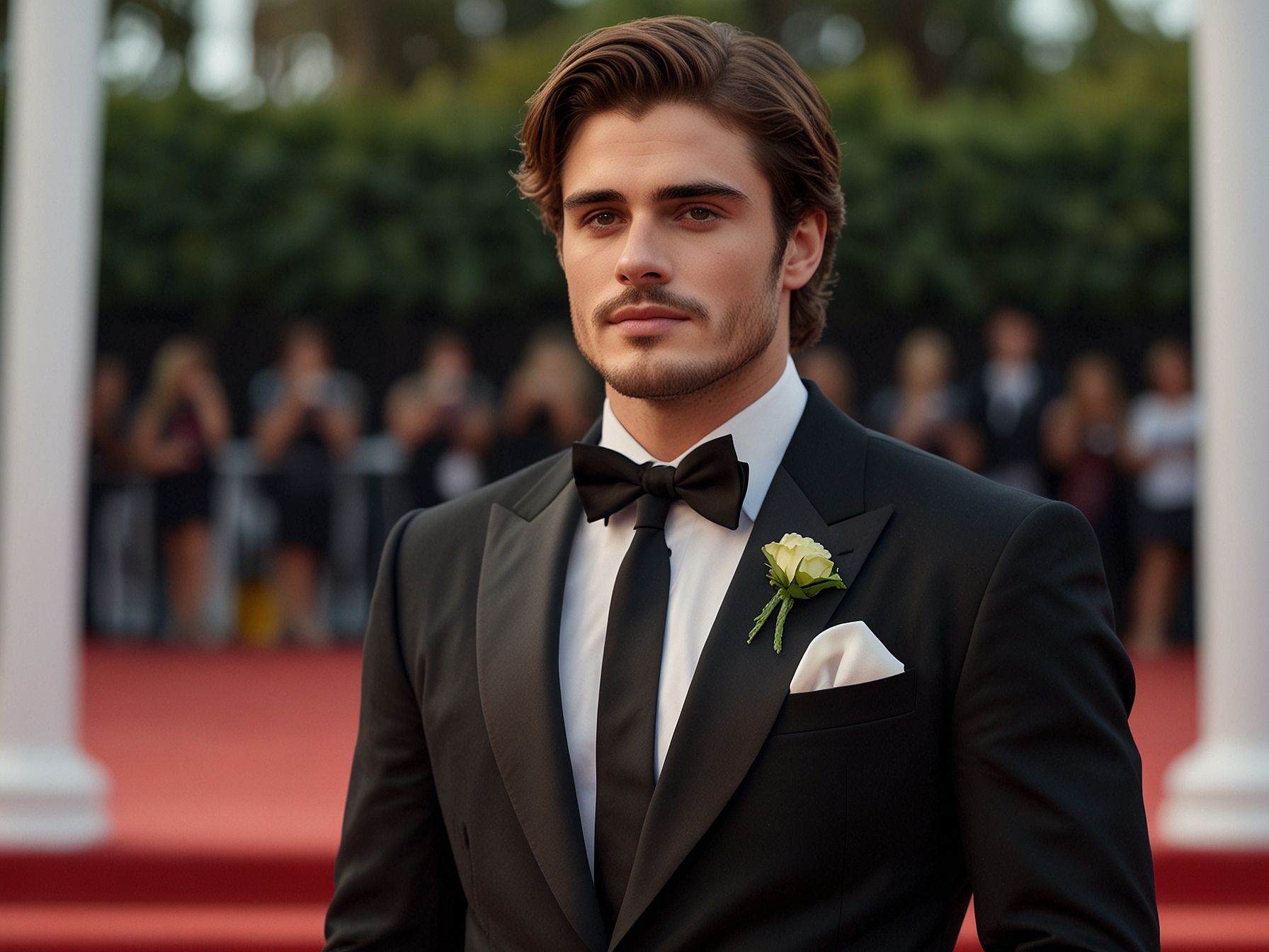 Jacob Elordi poses confidently on the red carpet, displaying his new shaggy brown beard and a sleek black tuxedo complete with a frog brooch, capturing the essence of his evolving style.