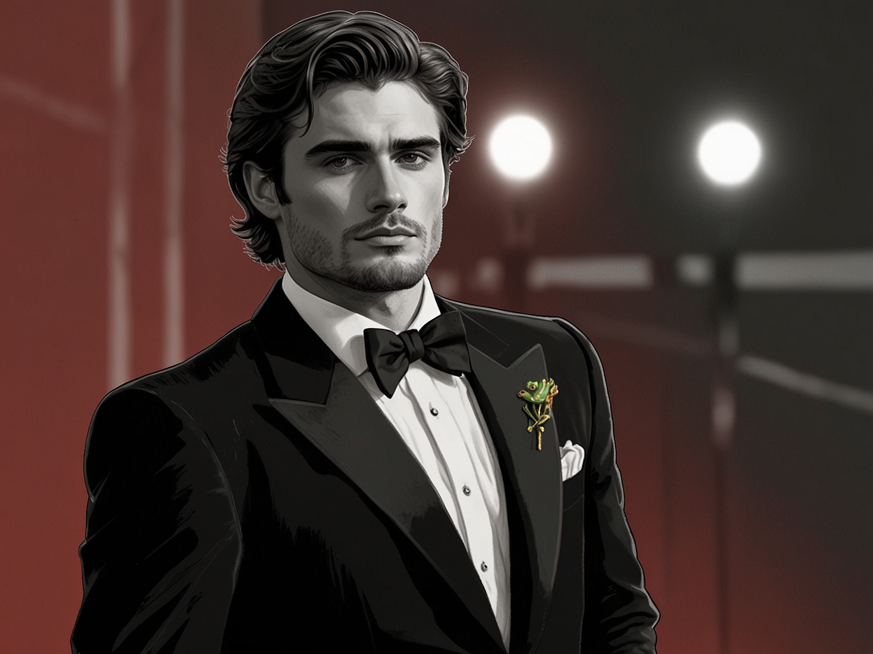 Close-up of Jacob Elordi featuring his rugged facial hair, highlighting the transformation that reflects his growth as an actor alongside his stylish ensemble at the film festival.