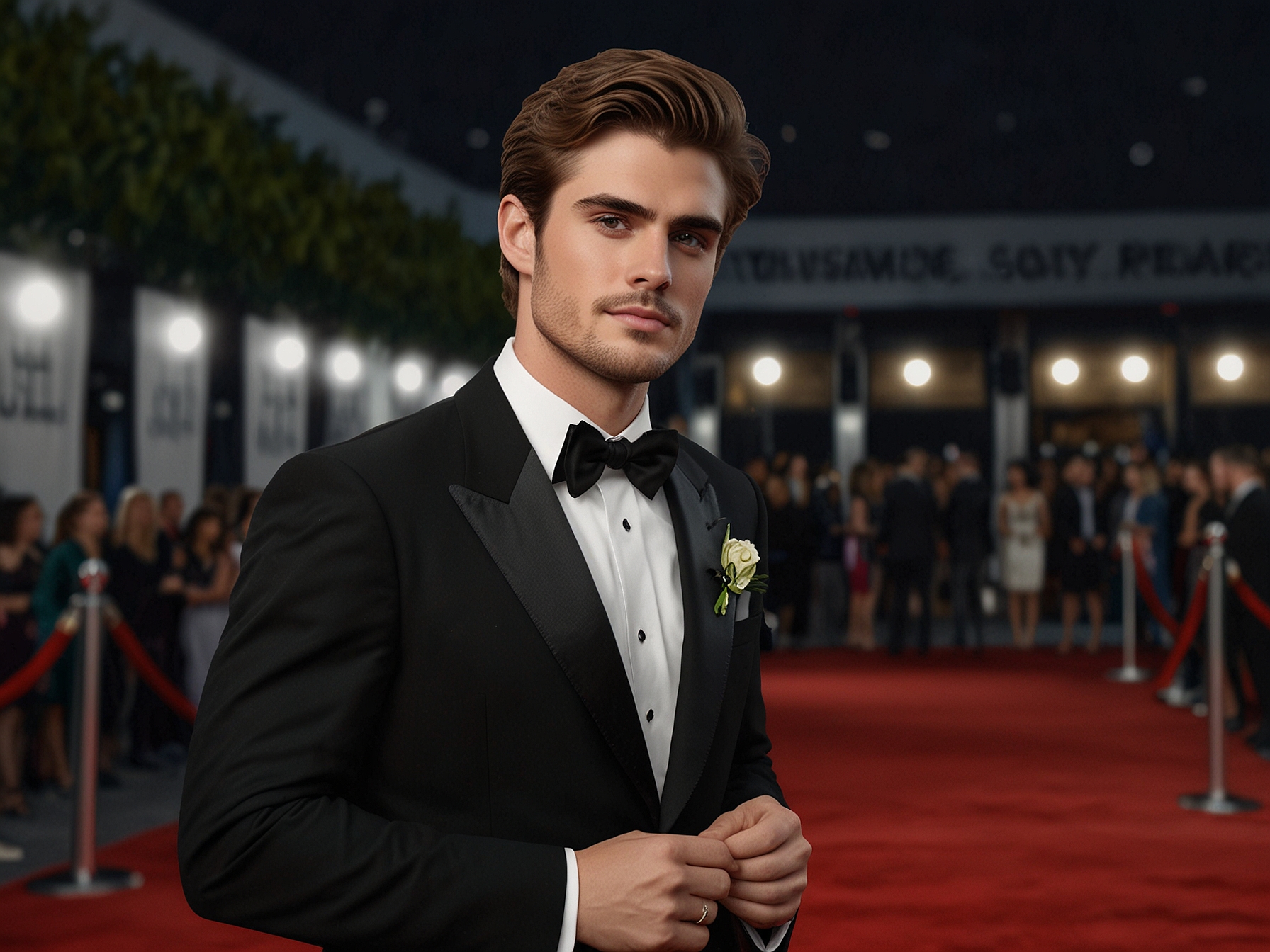 A wide shot of Jacob Elordi at the Marrakech International Film Festival, showcasing his bold beard and unique fashion choices, symbolizing his journey of self-discovery and maturity.