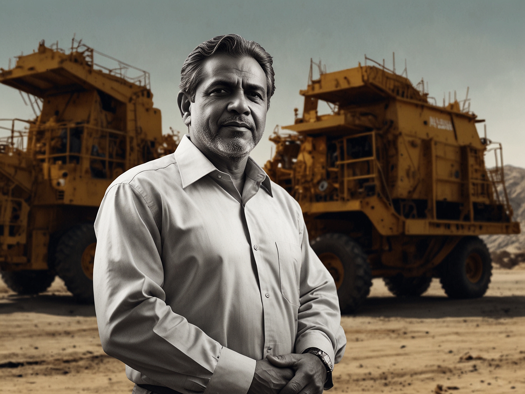 A portrait of Haji Isam standing confidently in front of mining equipment, symbolizing his transition from humble beginnings to a successful entrepreneur.