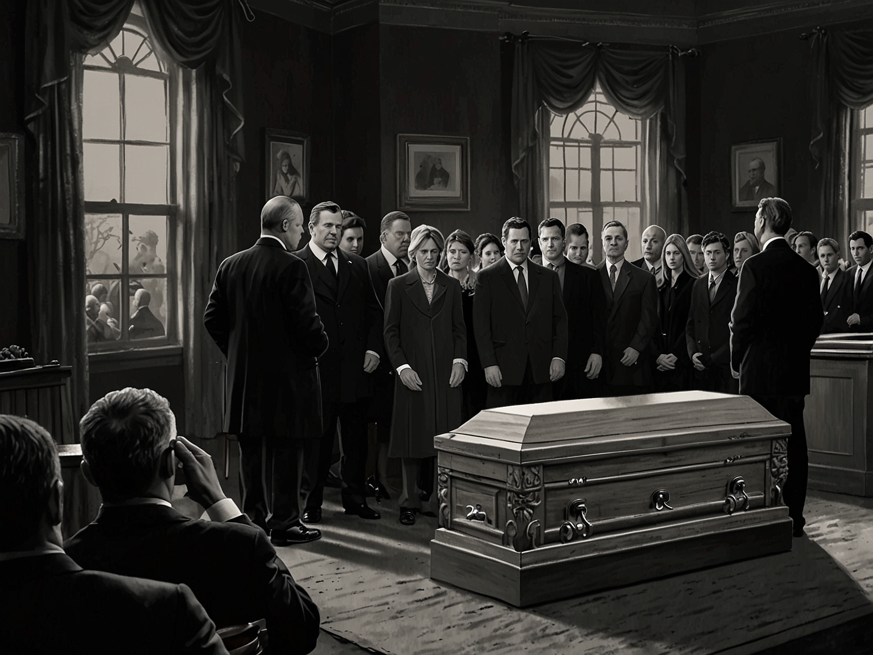 A somber funeral scene from Blue Bloods showing family members in dark attire, a noticeable absence of Luis Badillo standing out among the gathered mourners.