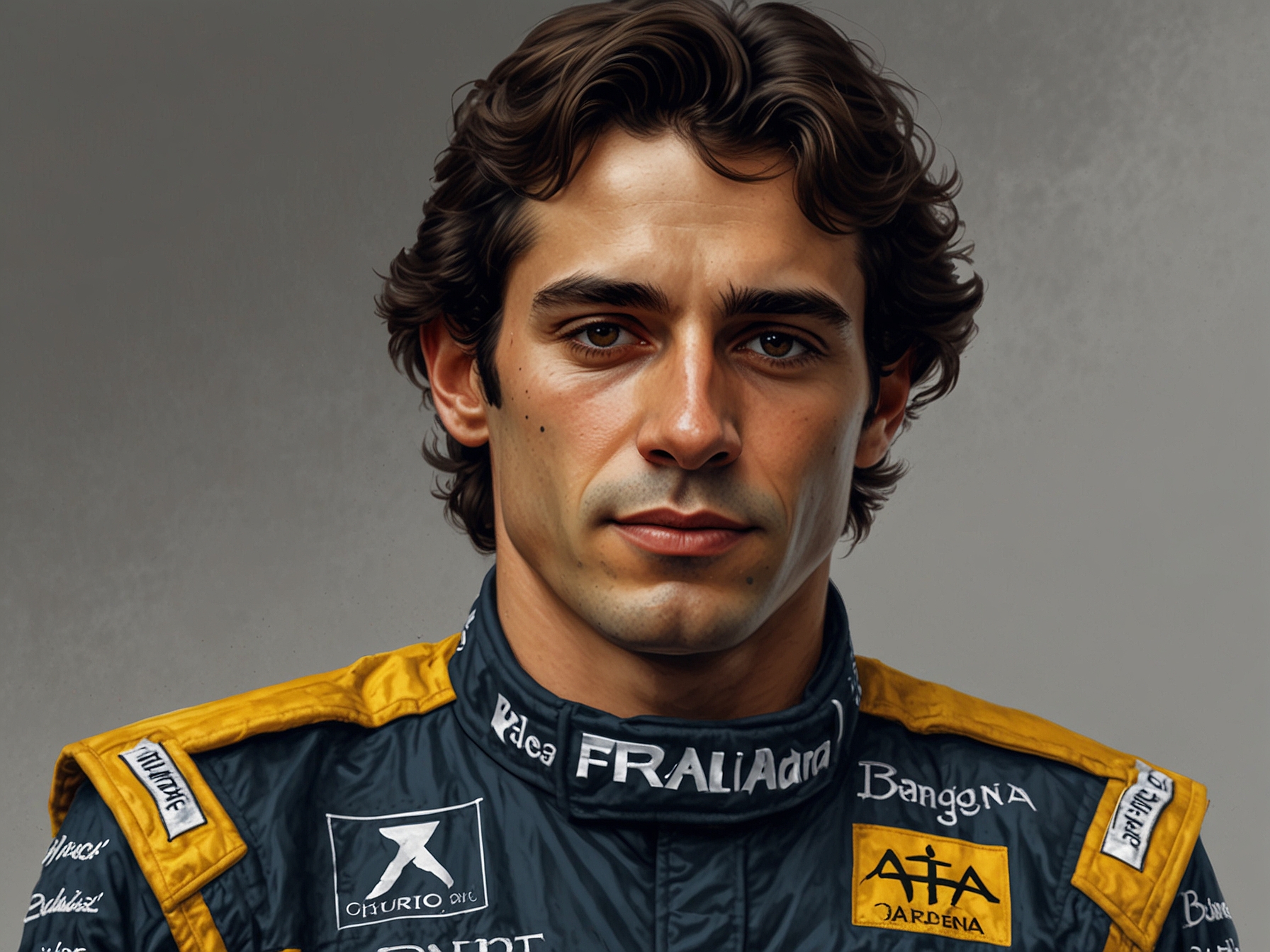 A powerful portrait of Ayrton Senna in his racing gear, with a determined expression, standing beside his iconic Formula One car, embodying the spirit of speed and ambition.