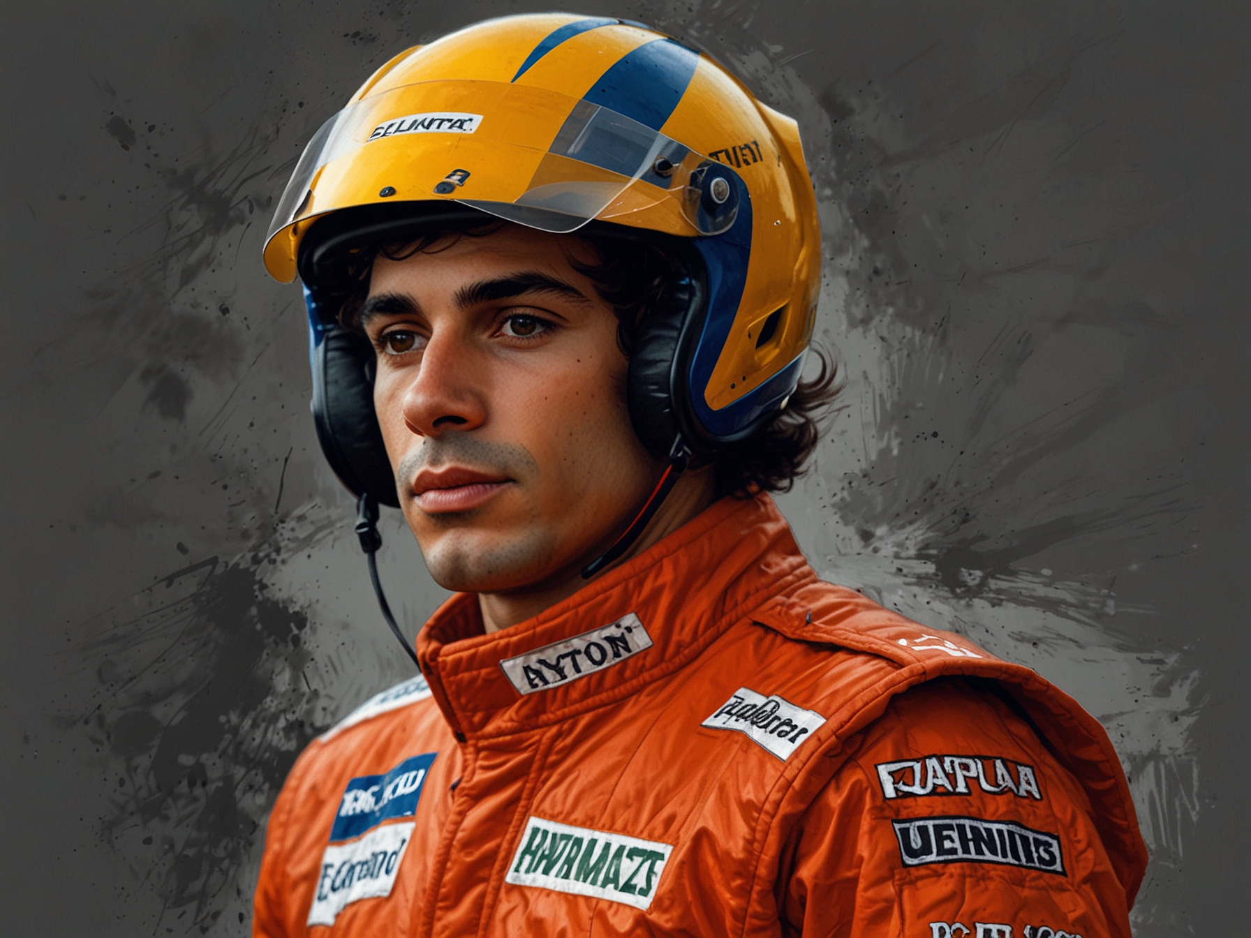 A dramatic scene from a Formula One race featuring Ayrton Senna, vividly capturing the intensity of competition and his exceptional skill at high speeds on the track.