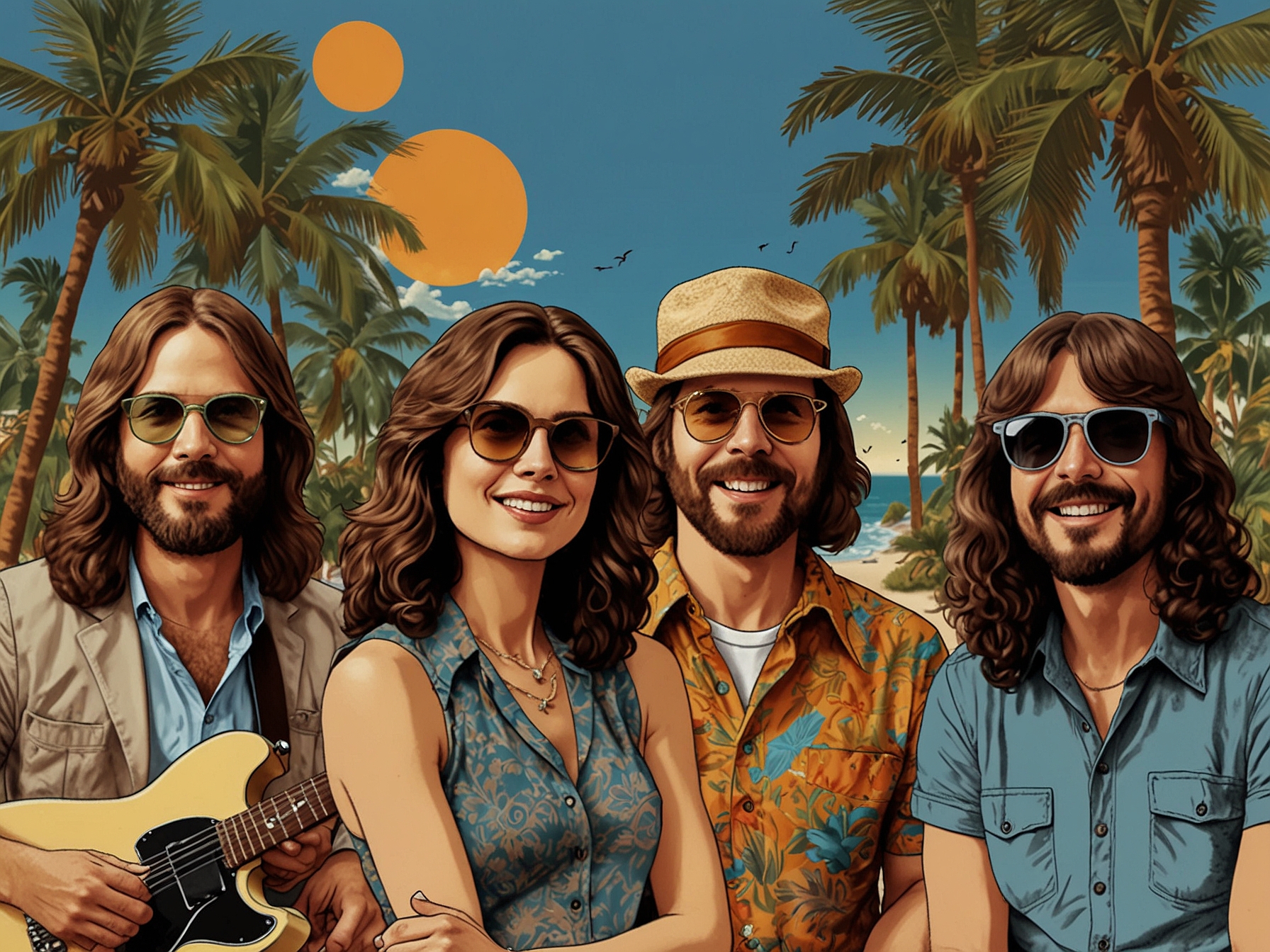 A vibrant collage showcasing iconic yacht rock artists like Steely Dan and Christopher Cross, surrounded by elements symbolizing smooth melodies, nostalgia, and sunny coastal vibes, capturing the spirit of 1970s-80s music.