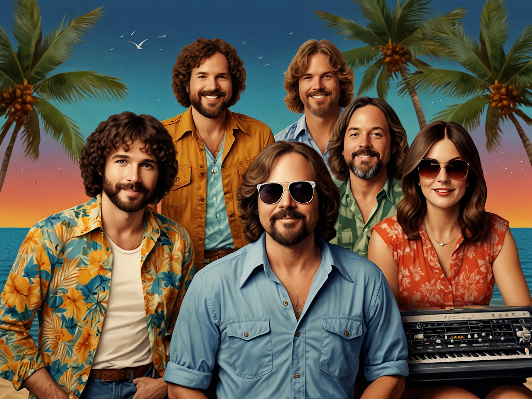 An illustration of a yacht party scene with musicians playing instruments, adorned with palm trees and a sunset backdrop, embodying the essence of yacht rock culture and its laid-back, celebratory atmosphere.
