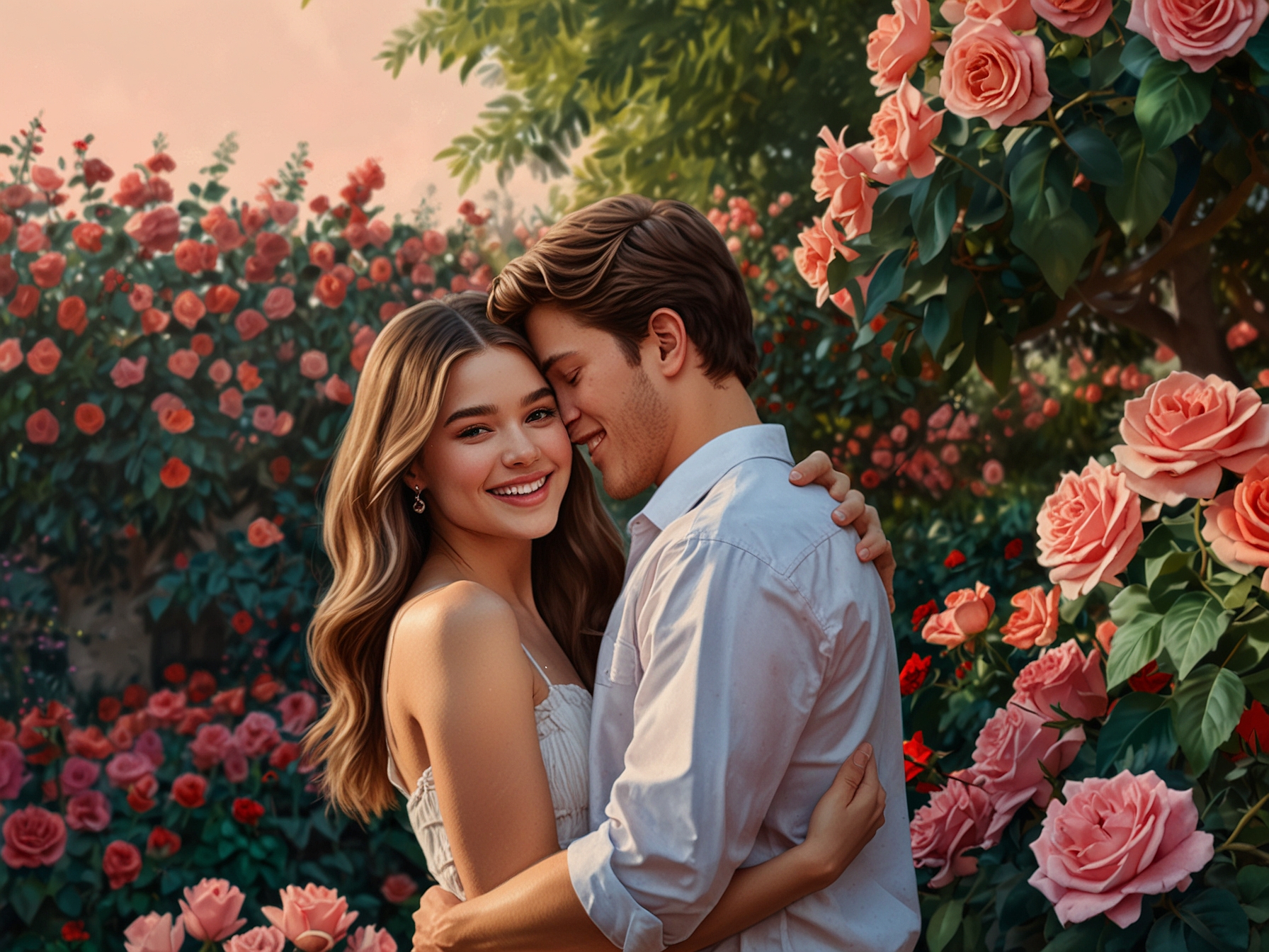 Hailee Steinfeld and Josh Allen embracing in a garden filled with blooming pink and red roses, a backdrop of love celebrating their recent engagement, radiating happiness.